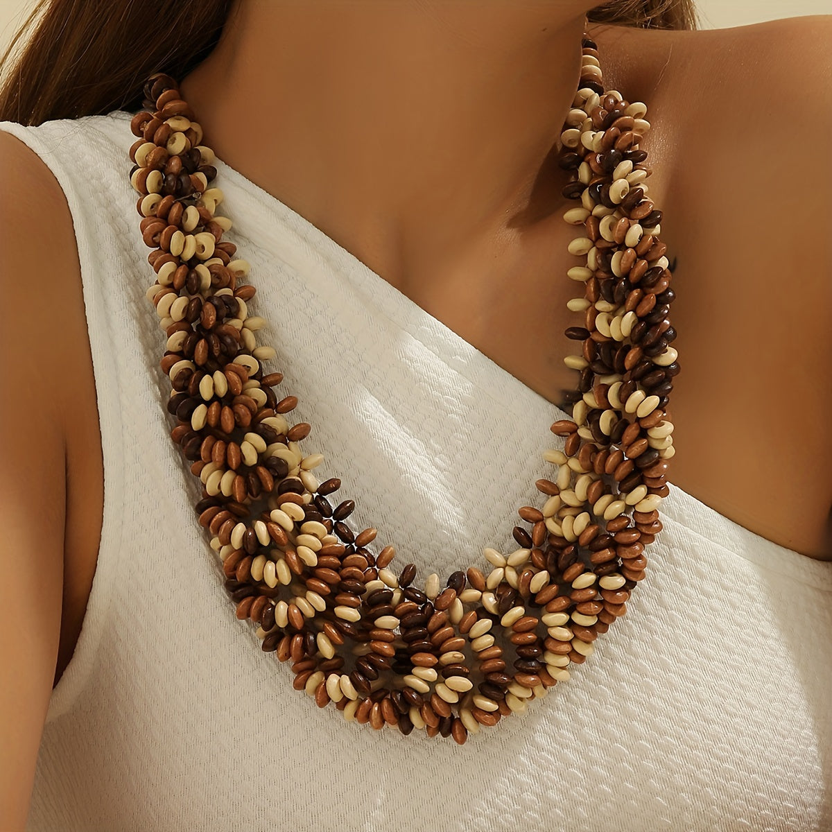 Bohemian Vintage Wooden Beaded Choker Necklace - Handcrafted Multicolor Boho Style Unisex Neck Accessory for Daily Wear, Party, Beach Events & Pride Month