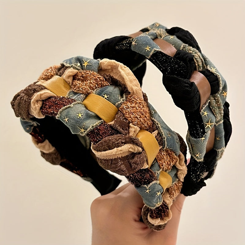 Handmade Women's Cotton Blend Patchwork Headband - Wide Braided Denim Patchwork Hair Accessory with Knotted Detail Boho Chic