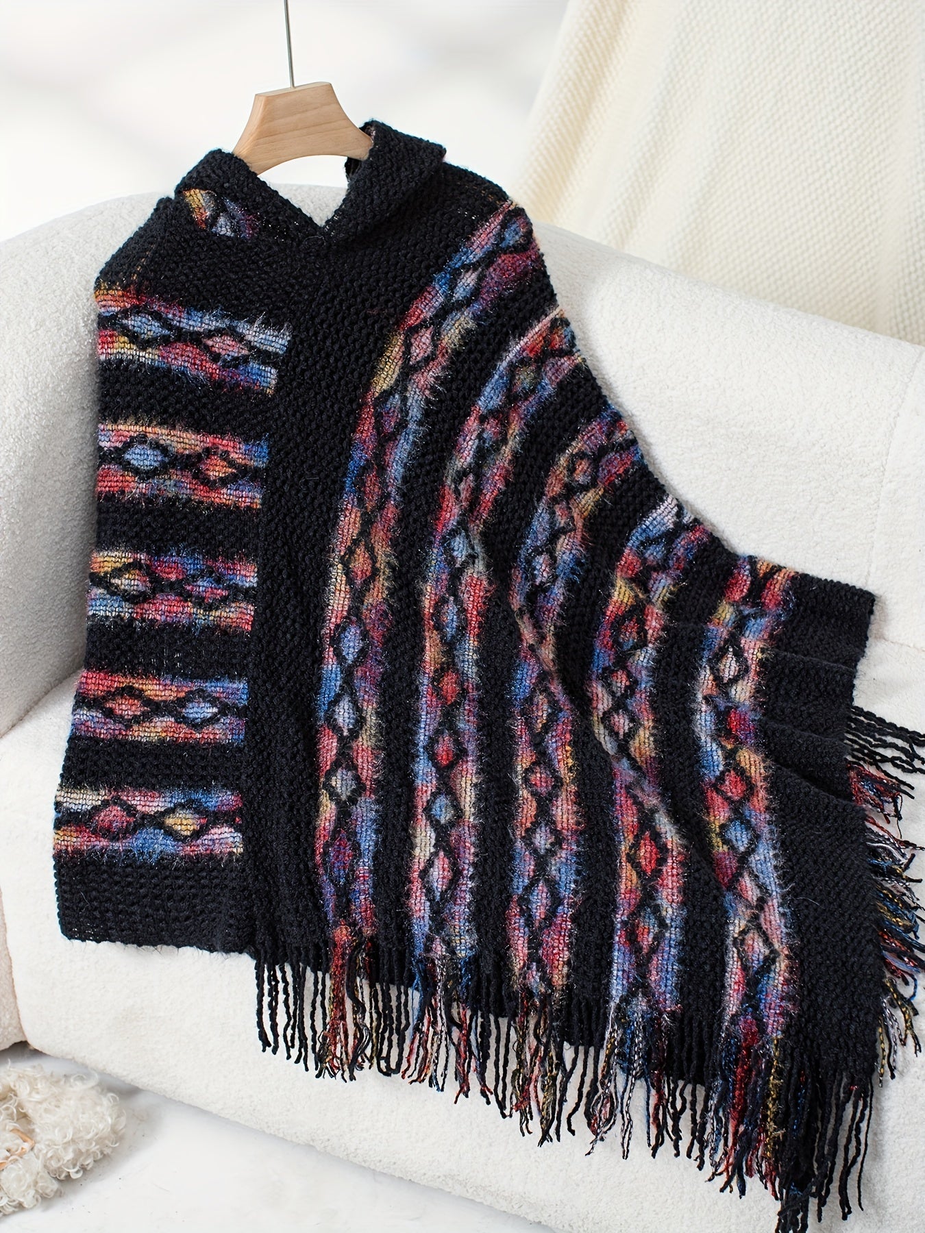 Long Sleeve Oversized Tribal Pattern Hoodie Poncho Cape - Tassel Fringe Hem, Soft Knit Fabric, Vintage Style for Fall & Winter