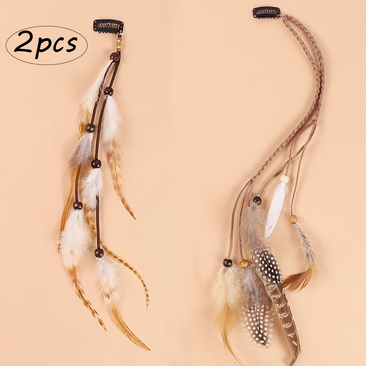 2pcs Bohemian Style Handmade Feather Hair Clips with Wooden Beads and Tassels - Feather Hair Clip