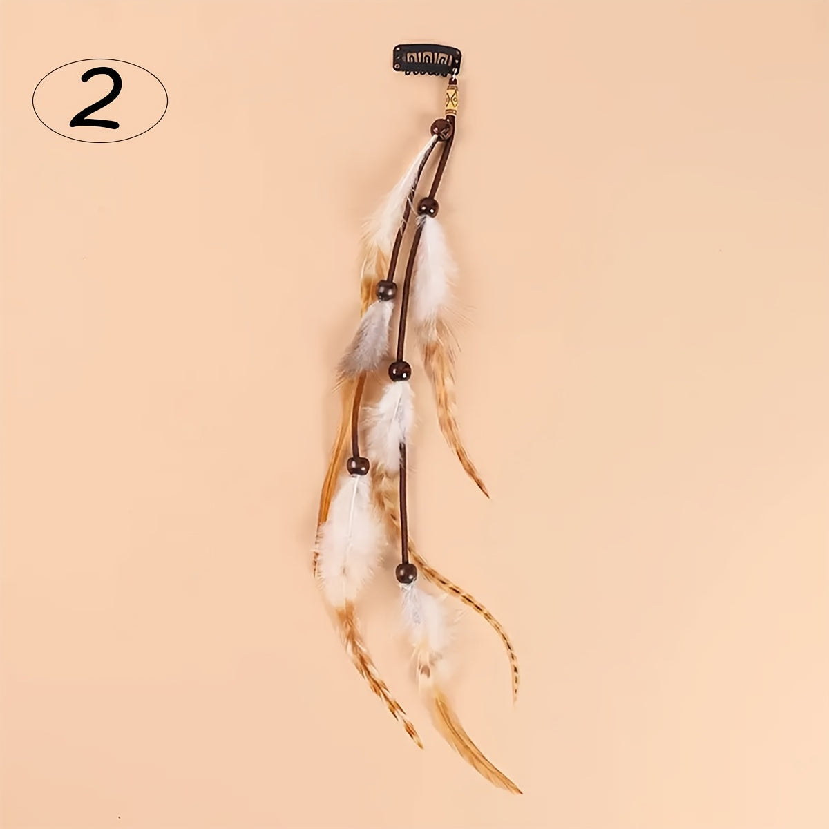 2pcs Bohemian Style Handmade Feather Hair Clips with Wooden Beads and Tassels - Natural Color Reed Flower - Feather