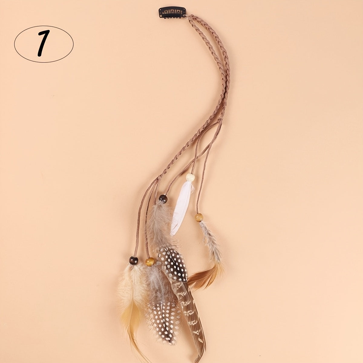 2pcs Bohemian Style Handmade Feather Hair Clips with Wooden Beads and Tassels - Natural Color - Feather Hair Clip
