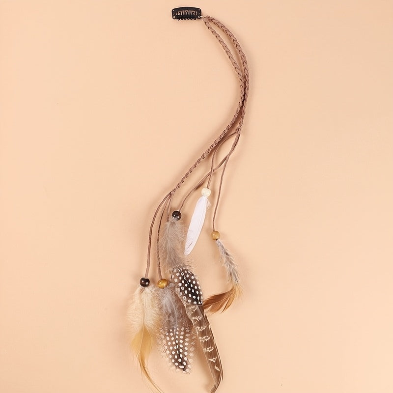 2pcs Bohemian Style Handmade Feather Hair Clips with Wooden Beads and Tassels - Feather Hair Clip