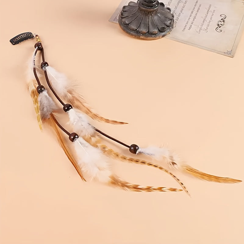 2pcs Bohemian Style Handmade Feather Hair Clips with Wooden Beads and Tassels - Feather Hair Clip