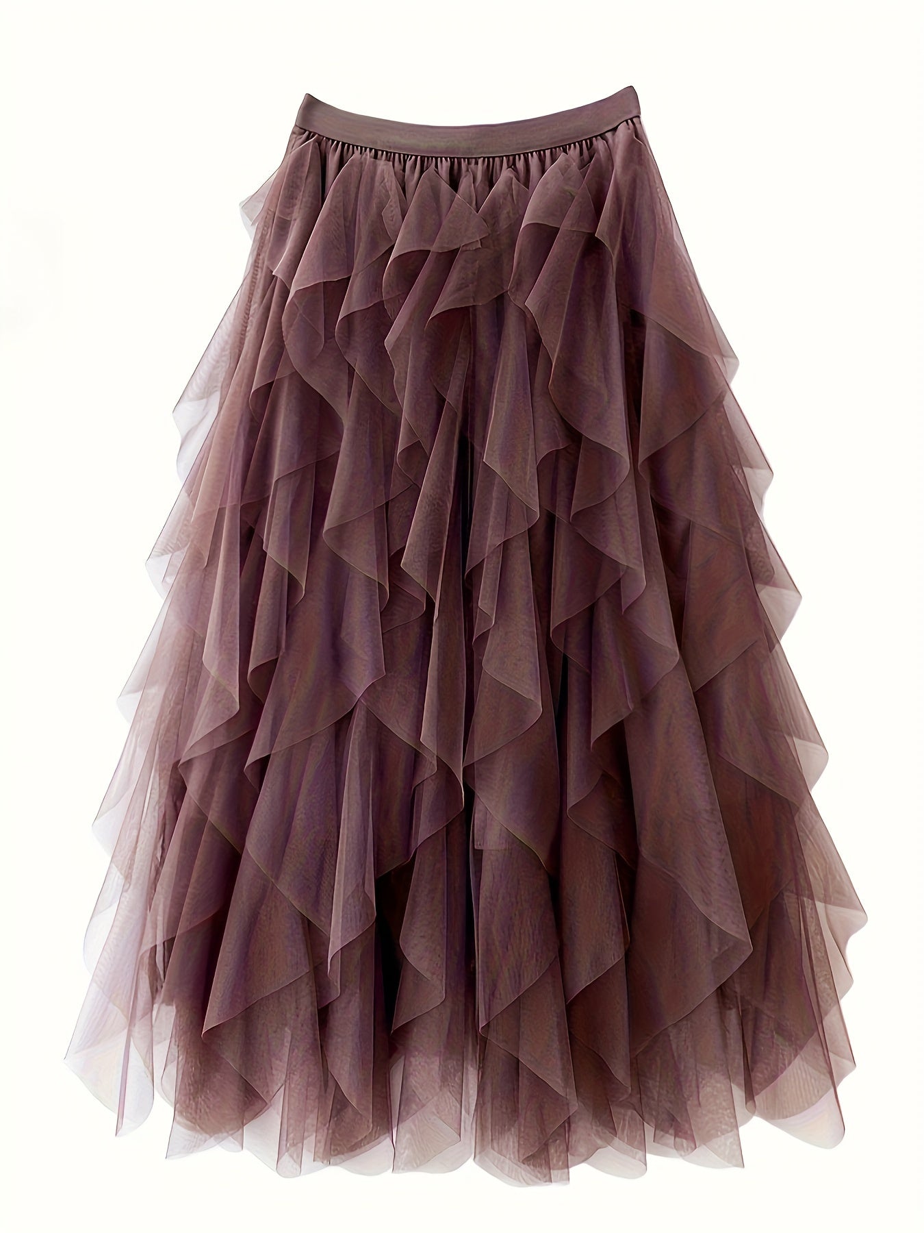 Women's Casual Elastic Waist Mesh Skirt - Solid Color Ruffle Decor with Asymmetric Hem