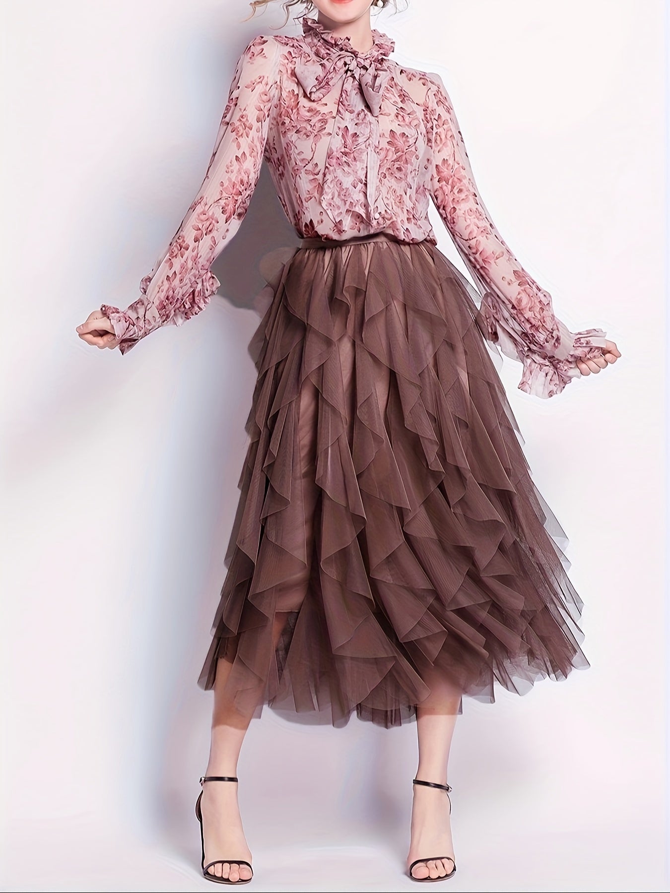 Women's Casual Elastic Waist Mesh Skirt - Solid Color Ruffle Decor with Asymmetric Hem