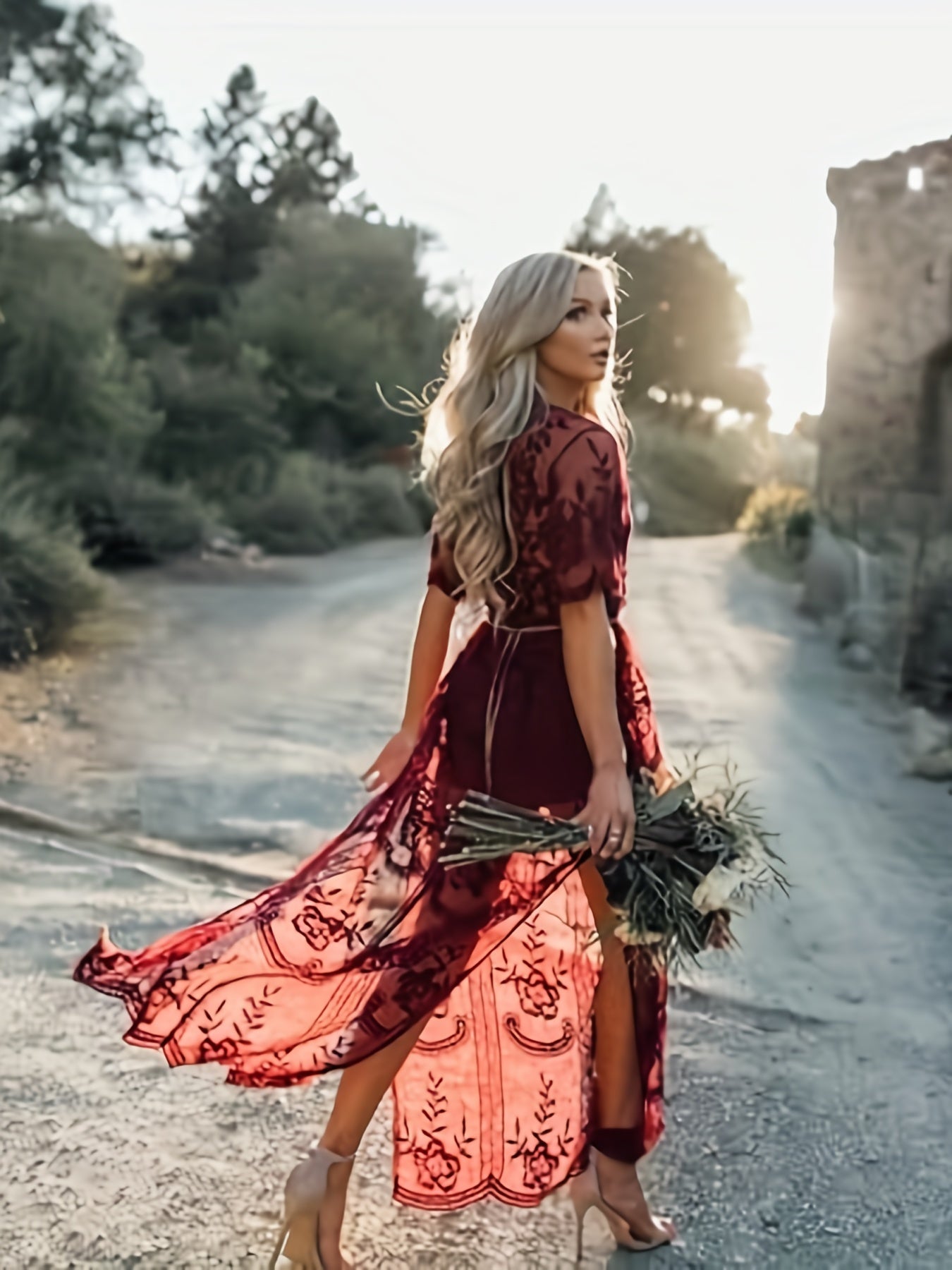 Stunning Split Hem Semi-Sheer Maxi Dress - Elegant V-Neck Short Sleeve Women's Dress for Spring & Summer Casual Occasions