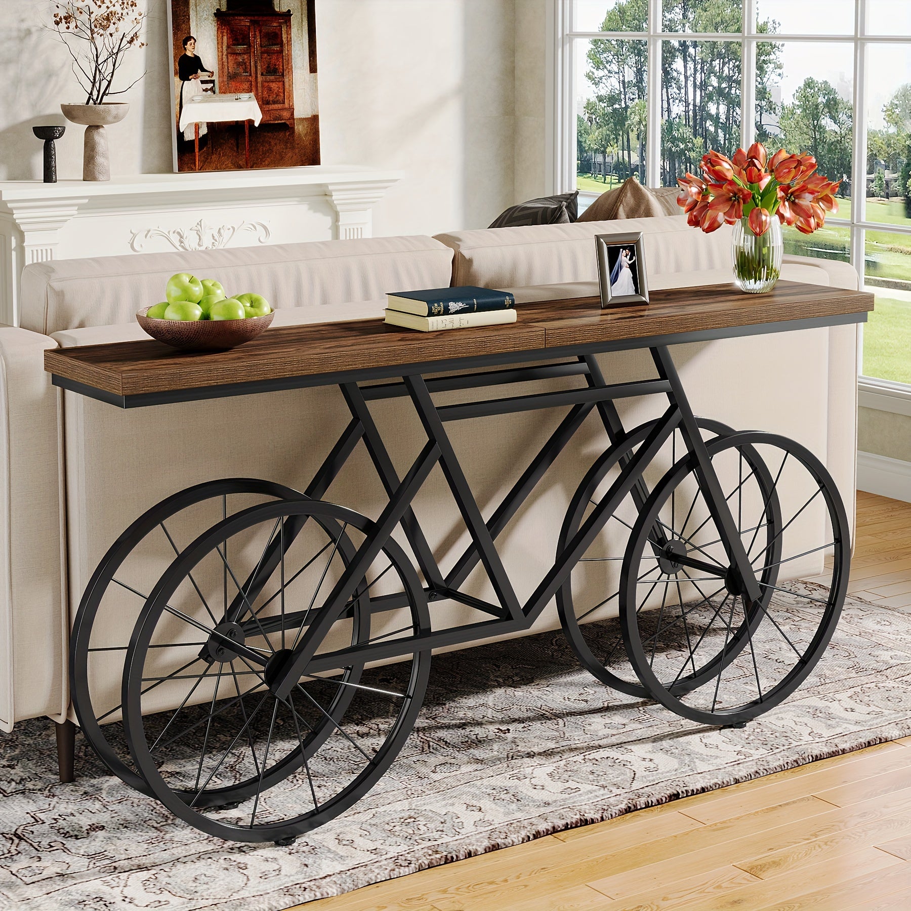 Unique Bicycle Base Console Table - Decorative Sofa Table with Ample Storage for Living Rooms, Corridors, Entrances, and Lobbies