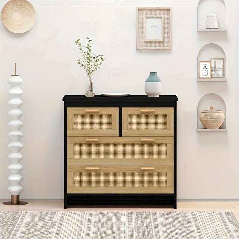 customized - 4 Drawers Rattan Cabinet for Living Room, Dining Room, Hallways, Easy Assembly, Black - Boho Eco Boutique™ - customized - Boho Eco Boutique™ - W757137660 -