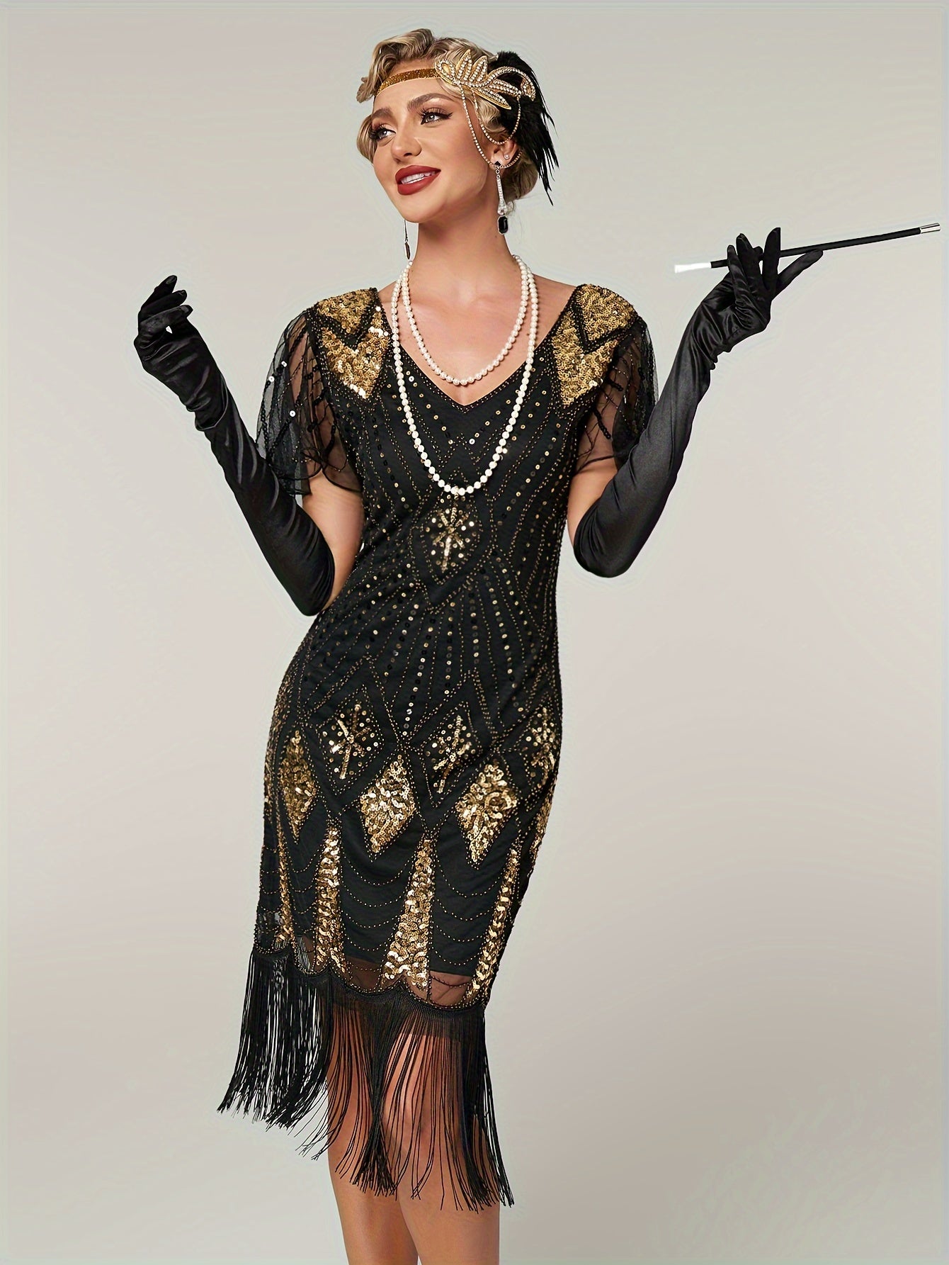 Sparkling Vintage Sequin V-Neck Midi Tunic Dress - Flapper-Inspired Comfort Fit with Fringe Hem, All-Season Women's Attire