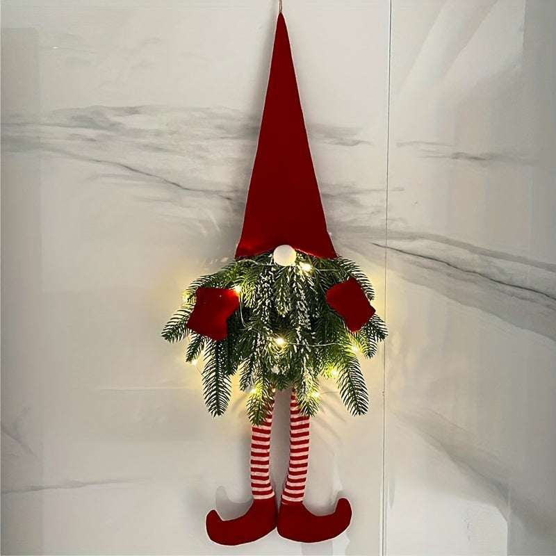 27-Inch Lighted Christmas Wreath With Gnome- Battery Operated Front Door Holiday Decoration with LED Lights