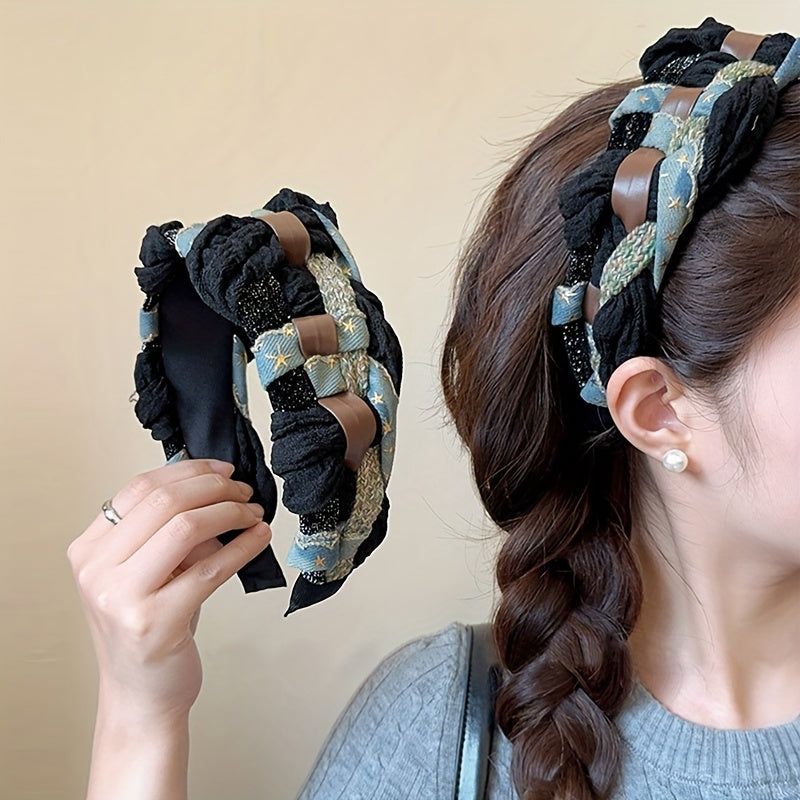 Handmade Women's Cotton Blend Patchwork Headband - Wide Braided Denim Patchwork Hair Accessory with Knotted Detail Boho Chic