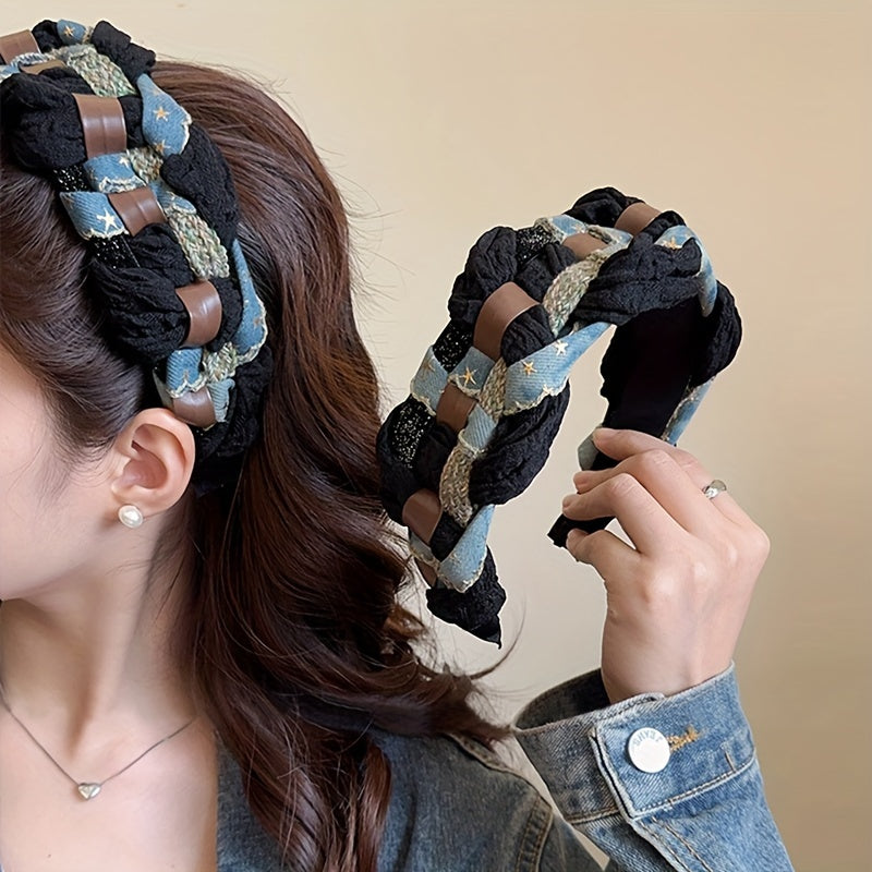 Handmade Women's Cotton Blend Patchwork Headband - Wide Braided Denim Patchwork Hair Accessory with Knotted Detail Boho Chic