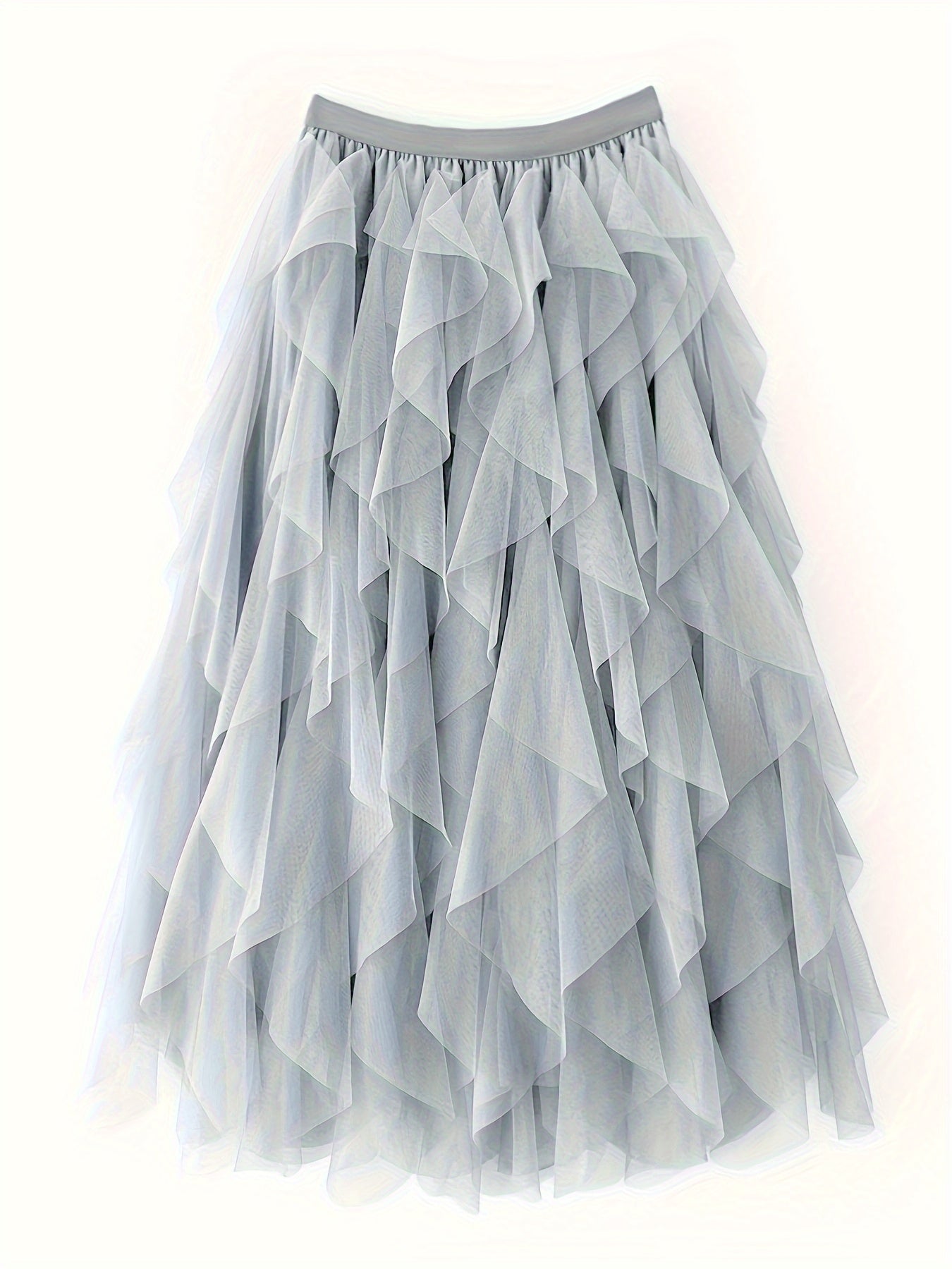 Women's Casual Elastic Waist Mesh Skirt - Solid Color Ruffle Decor with Asymmetric Hem