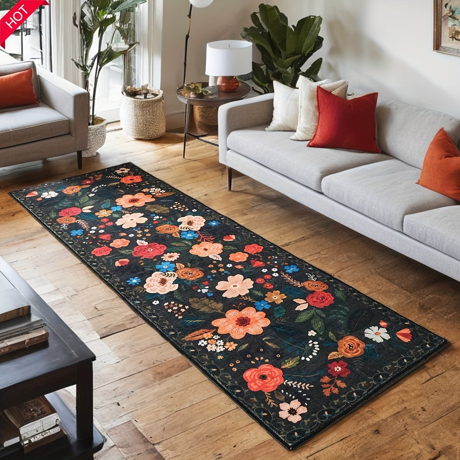Boho Chic Vintage-Inspired Area Rug - Non-Slip Machine Washable Runner for Kitchen, Hallway, Living Room, and More - Soft Floral Design Carpet