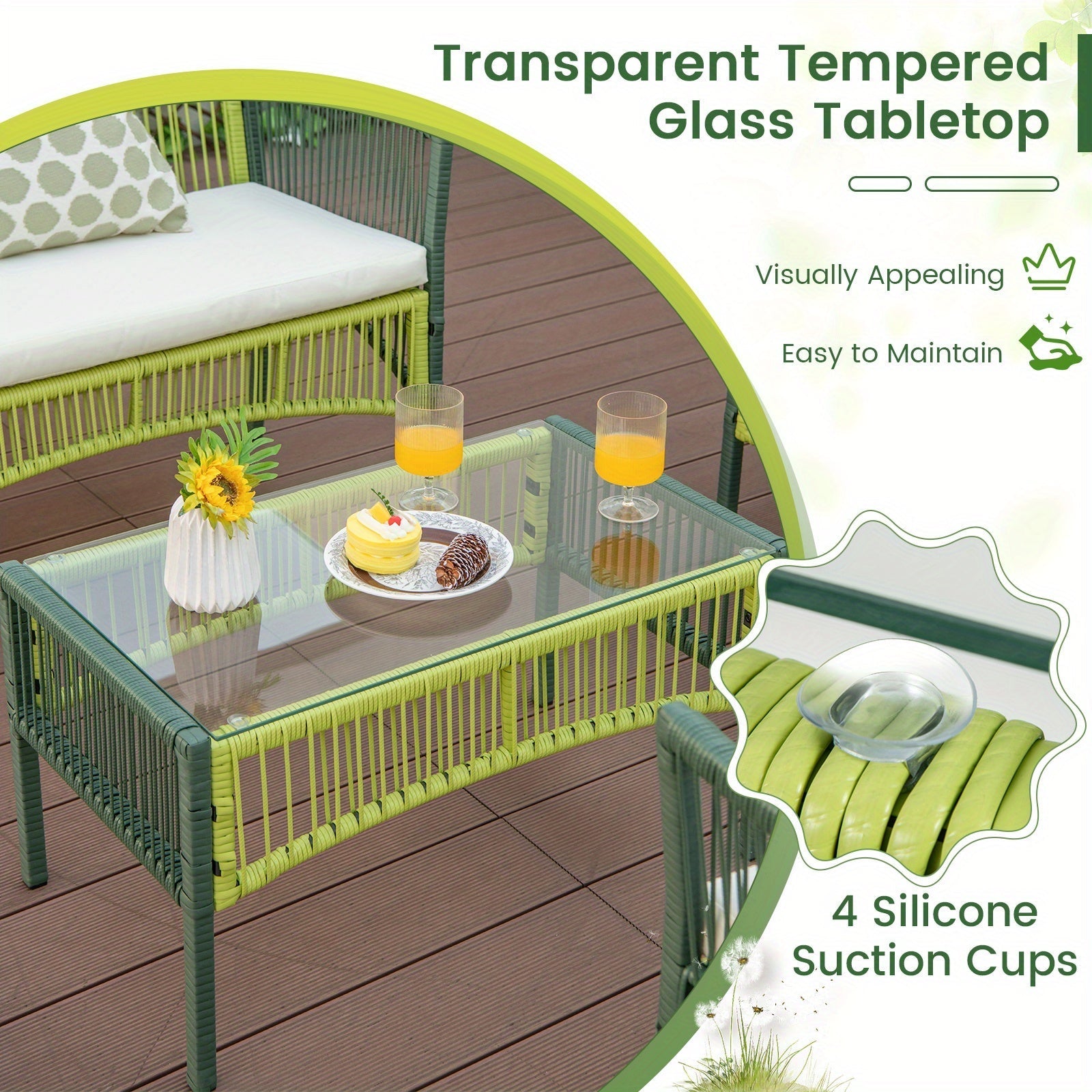 customized - 4PCS Patio Round Wicker Conversation Set W/Cushions Tempered Glass Side Table - Boho Eco Boutique™ - customized - Boho Eco Boutique™ - Green -
