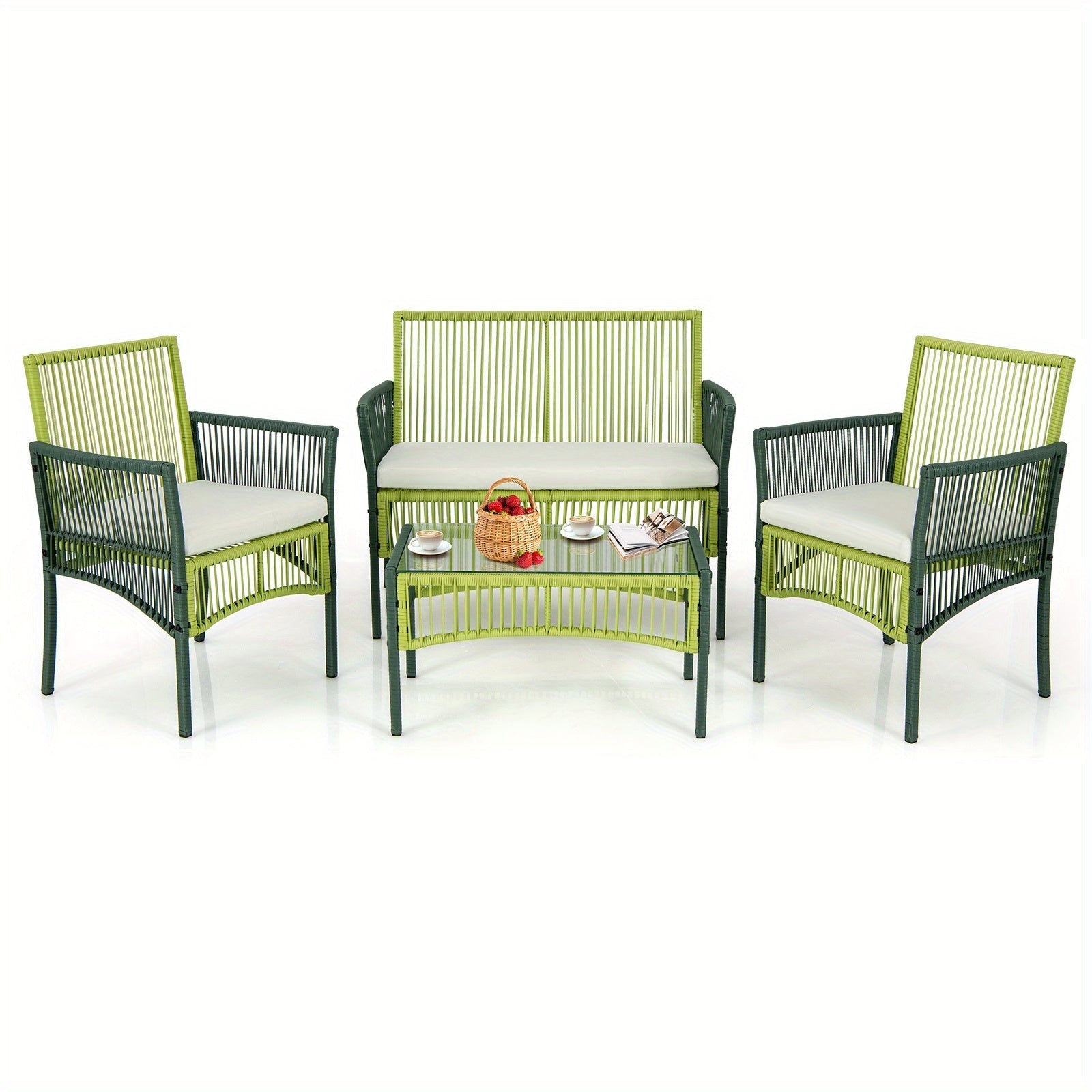 customized - 4PCS Patio Round Wicker Conversation Set W/Cushions Tempered Glass Side Table - Boho Eco Boutique™ - customized - Boho Eco Boutique™ - Green -