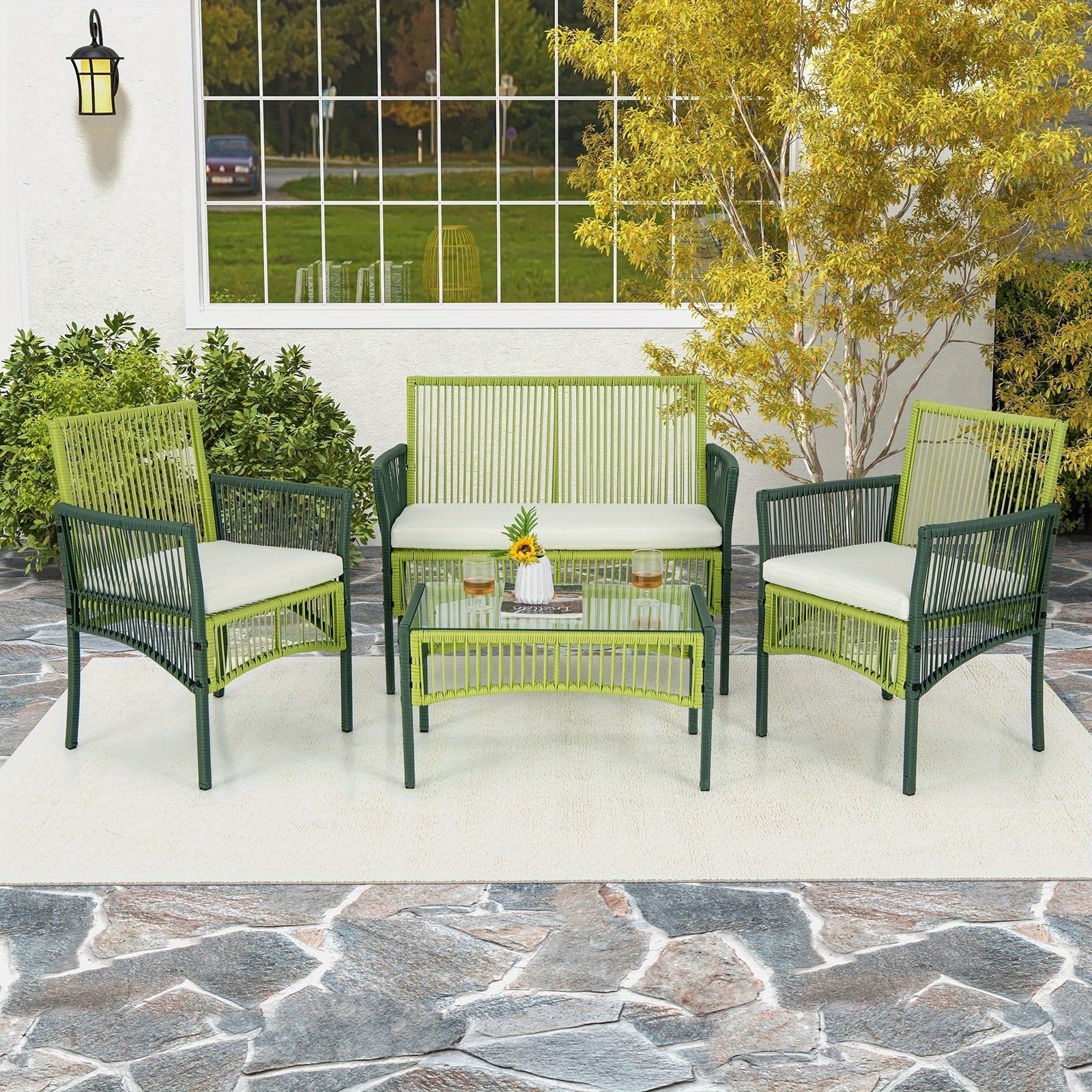 customized - 4PCS Patio Round Wicker Conversation Set W/Cushions Tempered Glass Side Table - Boho Eco Boutique™ - customized - Boho Eco Boutique™ - Green -