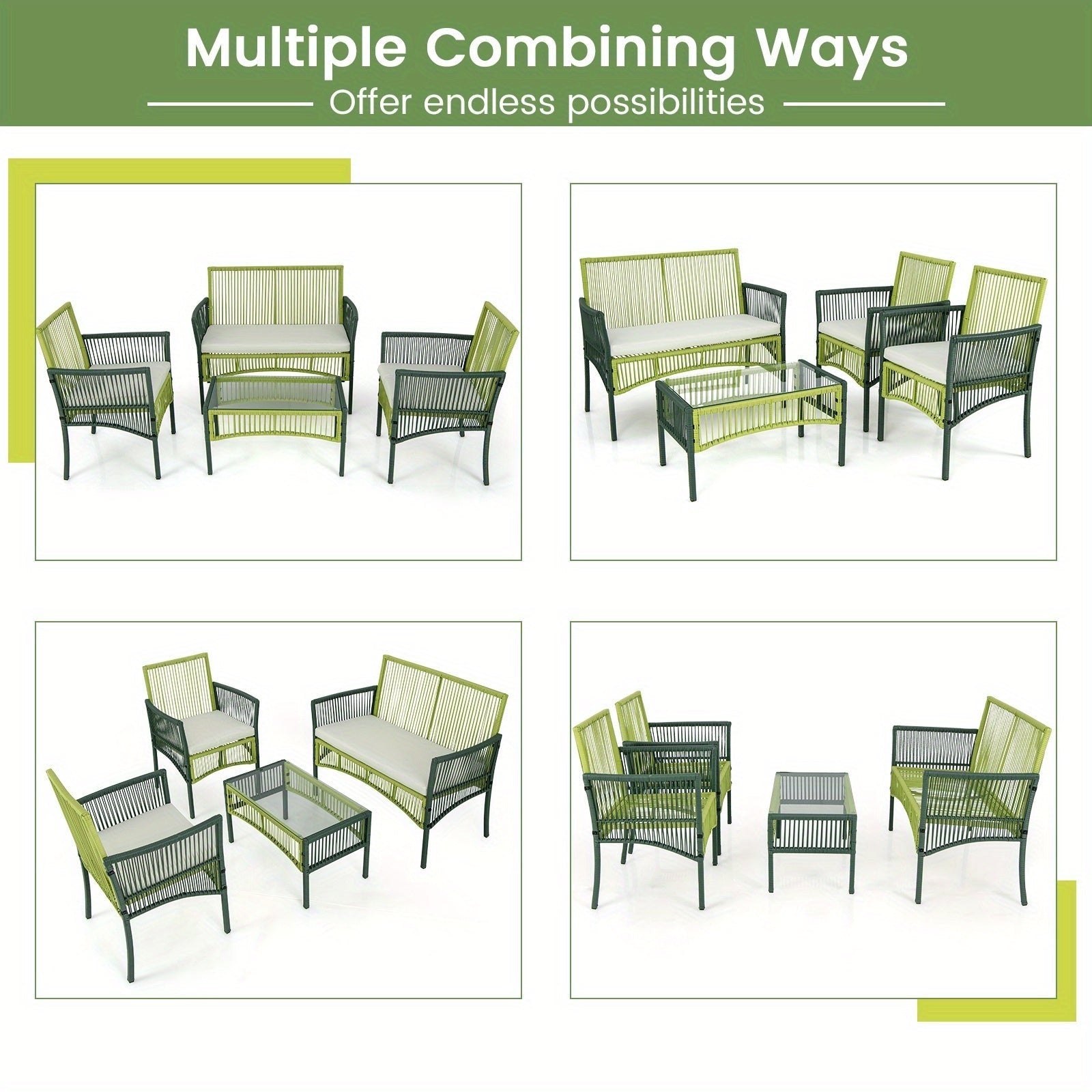 customized - 4PCS Patio Round Wicker Conversation Set W/Cushions Tempered Glass Side Table - Boho Eco Boutique™ - customized - Boho Eco Boutique™ - Green -