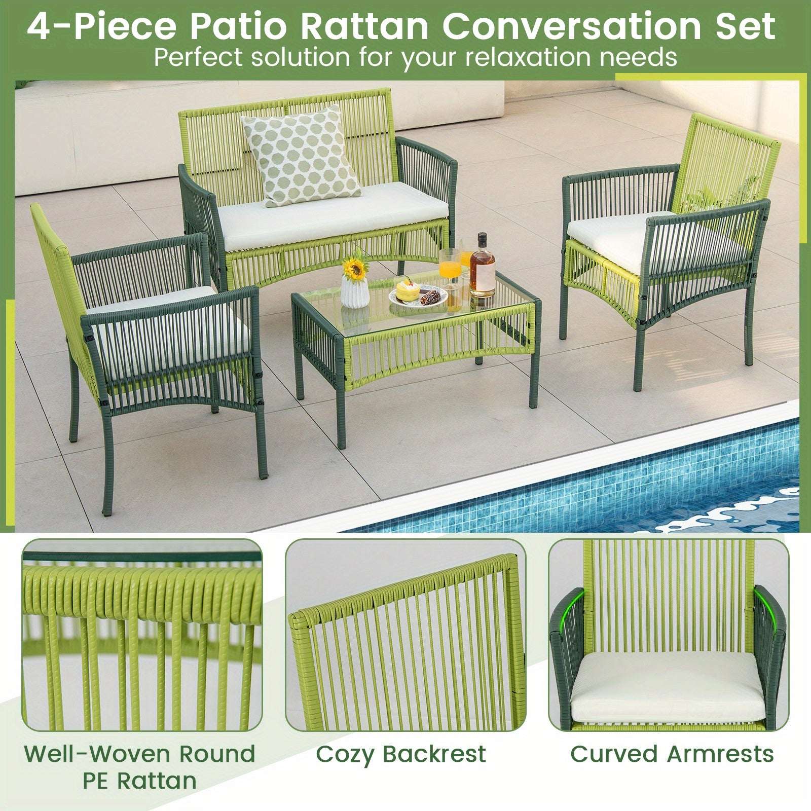 customized - 4PCS Patio Round Wicker Conversation Set W/Cushions Tempered Glass Side Table - Boho Eco Boutique™ - customized - Boho Eco Boutique™ - Green -