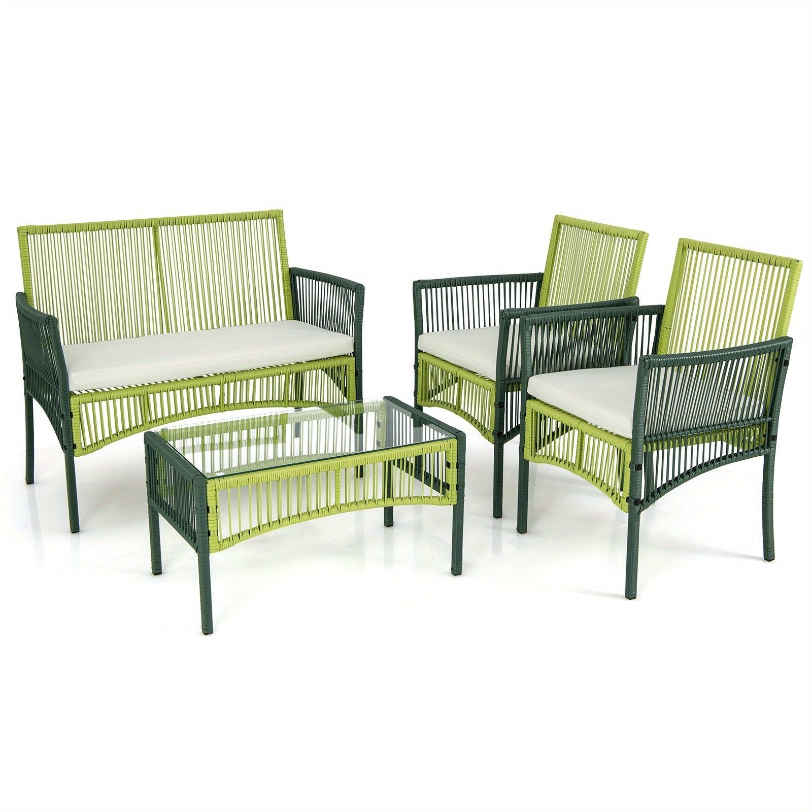customized - 4PCS Patio Round Wicker Conversation Set W/Cushions Tempered Glass Side Table - Boho Eco Boutique™ - customized - Boho Eco Boutique™ - Green -