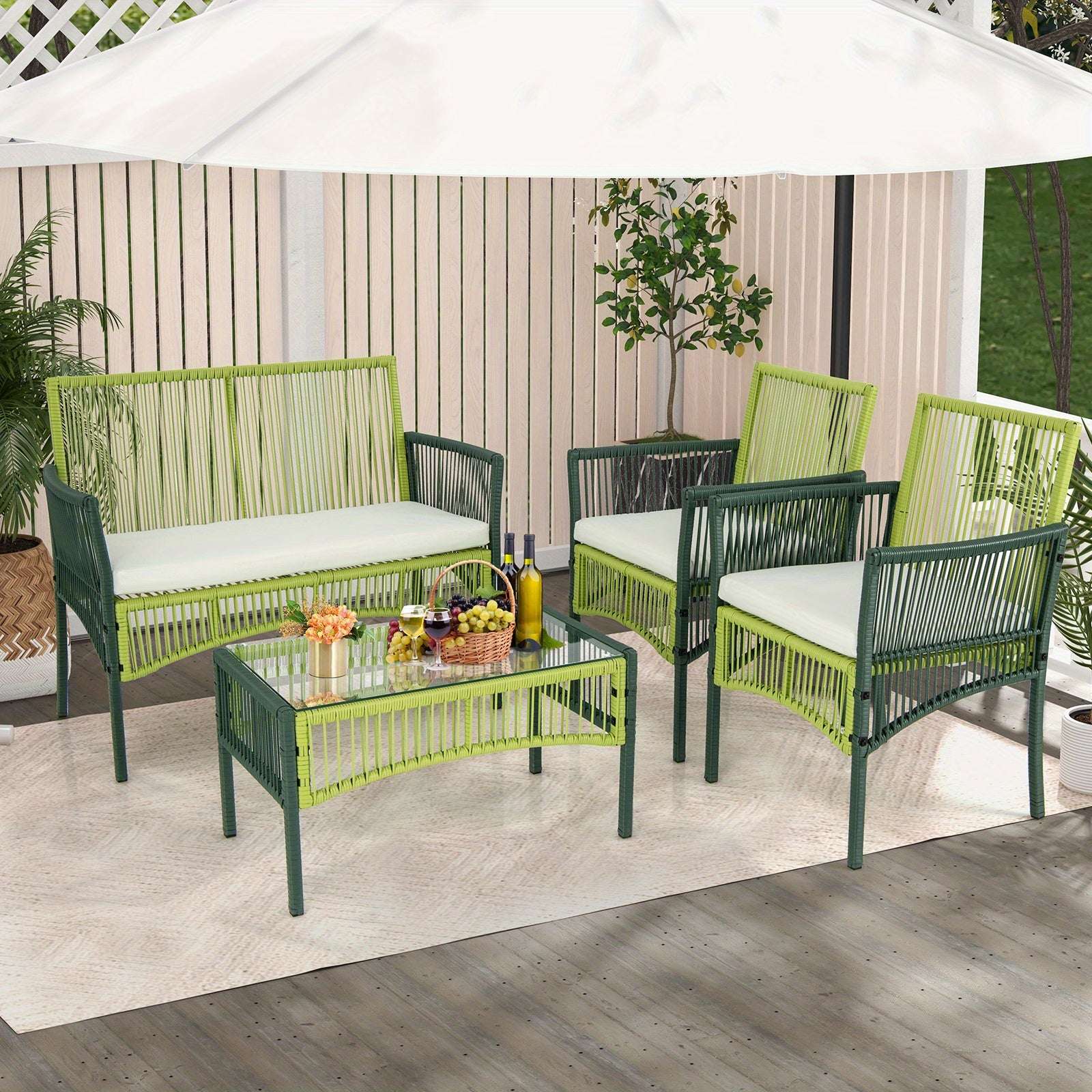 customized - 4PCS Patio Round Wicker Conversation Set W/Cushions Tempered Glass Side Table - Boho Eco Boutique™ - customized - Boho Eco Boutique™ - Green -