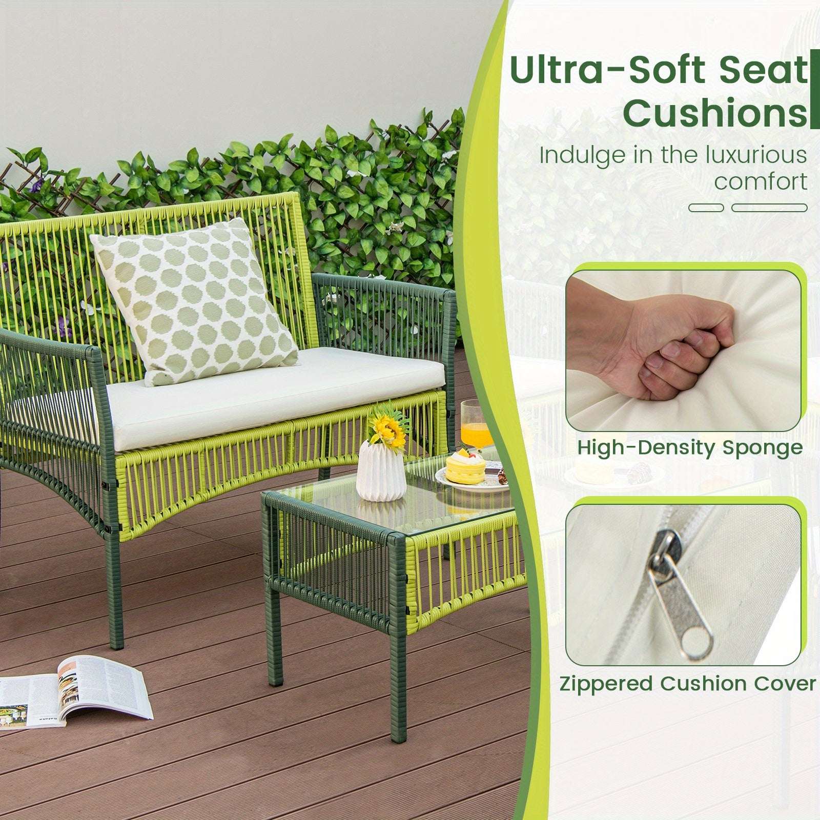 customized - 4PCS Patio Round Wicker Conversation Set W/Cushions Tempered Glass Side Table - Boho Eco Boutique™ - customized - Boho Eco Boutique™ - Green -
