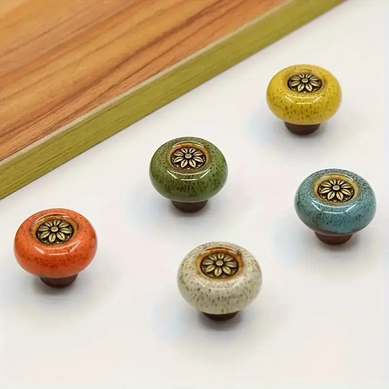 5-Pack Colorful Ceramic Cabinet Knobs: Leopard Print Glass Round Single Hole Pulls with Installation Hardware