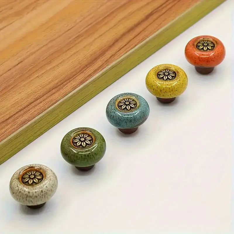 5-Pack Colorful Ceramic Cabinet Knobs: Leopard Print Glass Round Single Hole Pulls with Installation Hardware