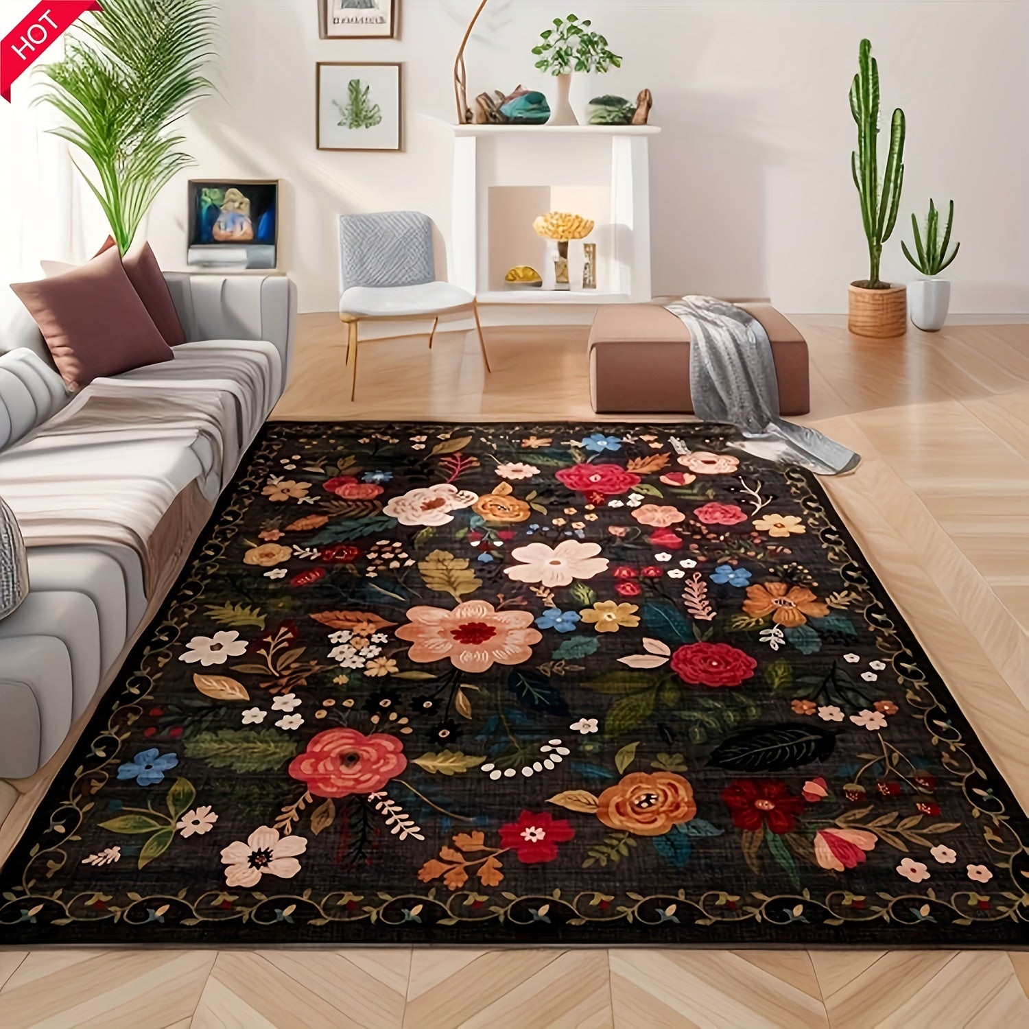 Boho Chic Vintage-Inspired Area Rug - Non-Slip Machine Washable Runner for Kitchen, Hallway, Living Room, and More - Soft Floral Design Carpet