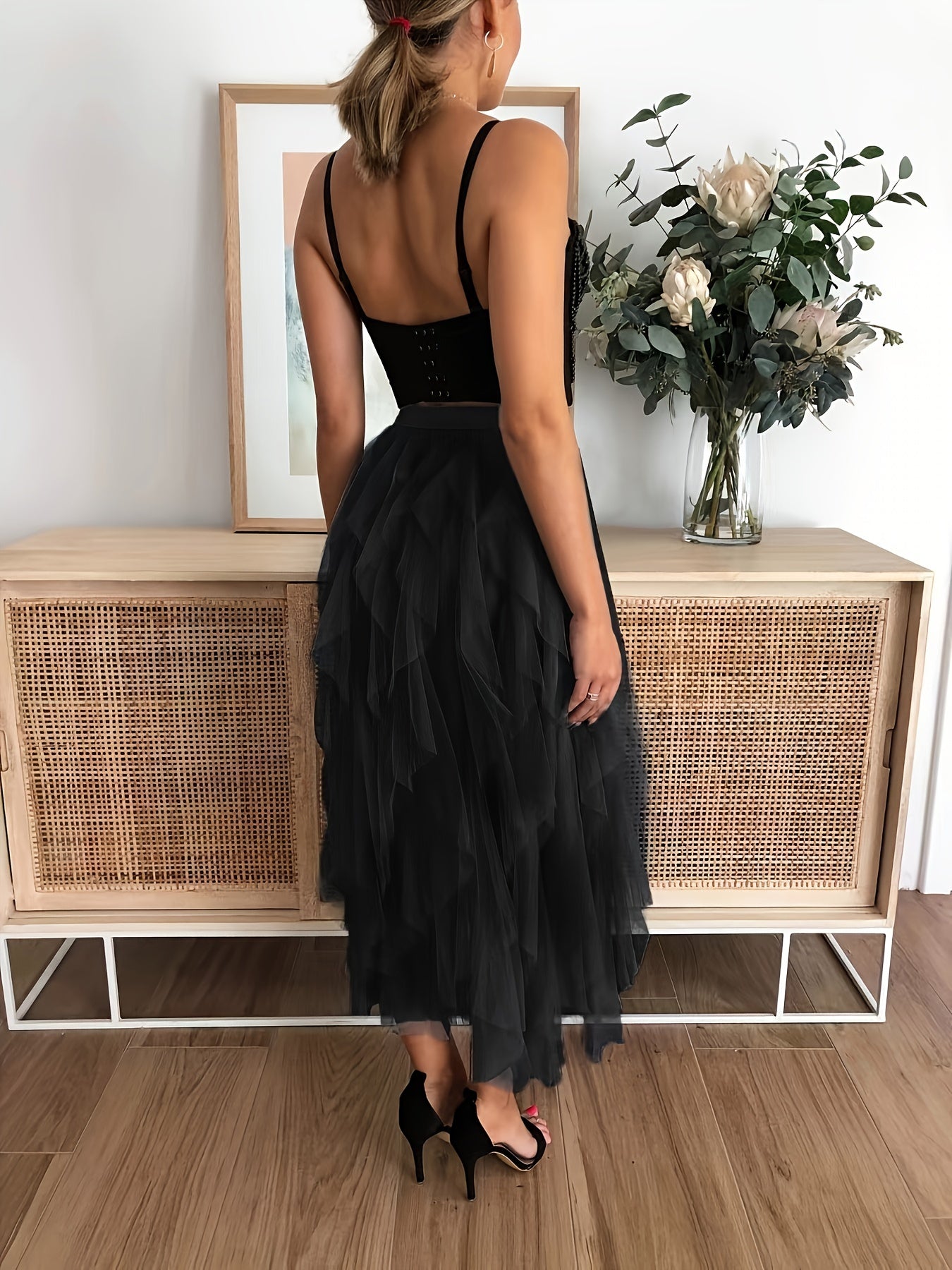 Women's Casual Elastic Waist Mesh Skirt - Solid Color Ruffle Decor with Asymmetric Hem