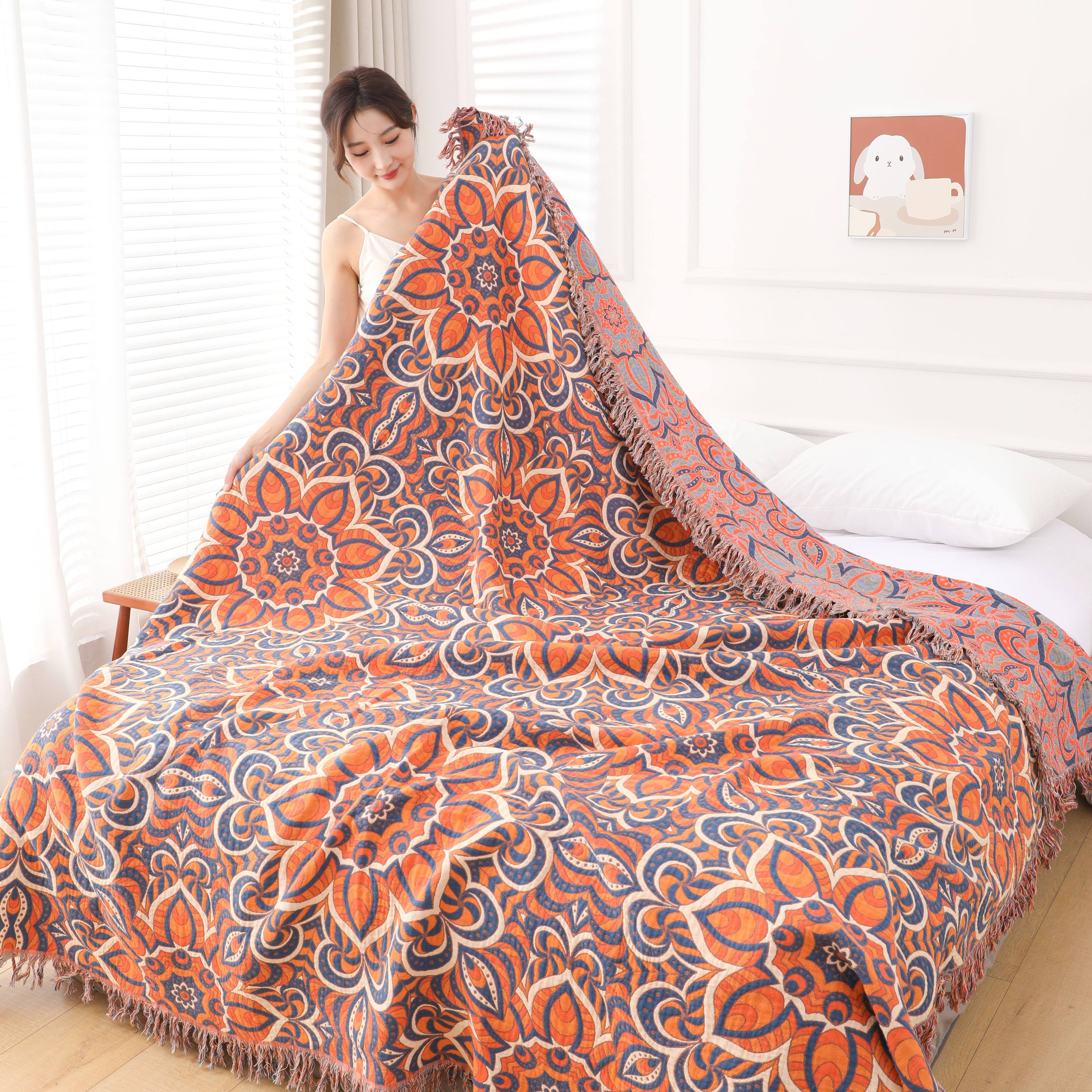 1pc Bohemian Style 4-Layer Gauze Tassel Blanket - 100%, Super Soft, Lightweight, Breathable, Geometric-Patterned, Bright Mixed Color, All-Season Sofa Throw or Bedspread