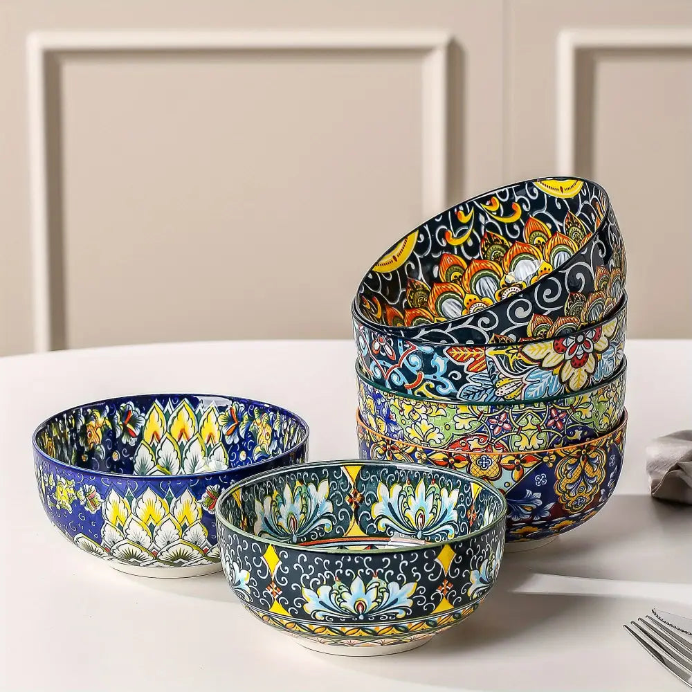 6-Piece Large Bohemia Style Porcelain Cereal Bowls Set - Multicolor Double-Sided Pattern Perfect for Salad & Dessert