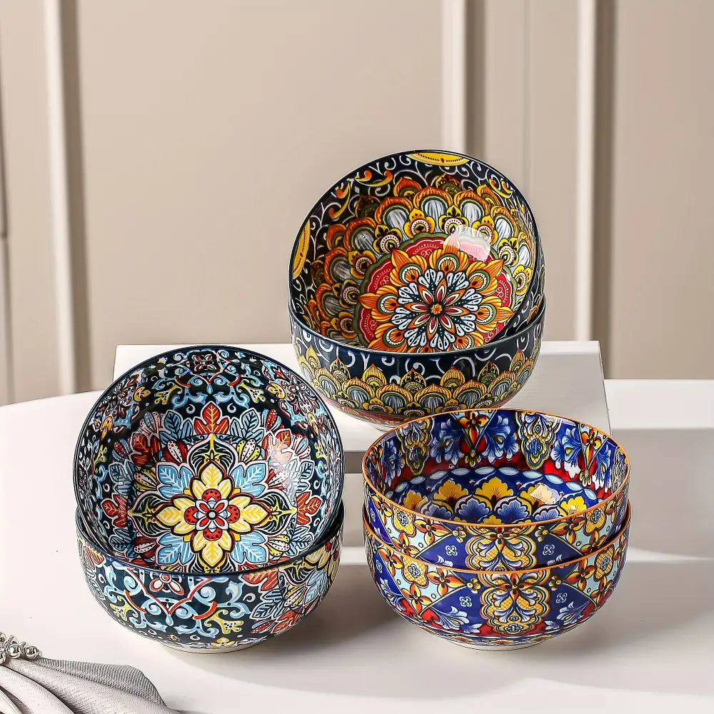 6-Piece Large Bohemia Style Porcelain Cereal Bowls Set - Multicolor Double-Sided Pattern Perfect for Salad & Dessert
