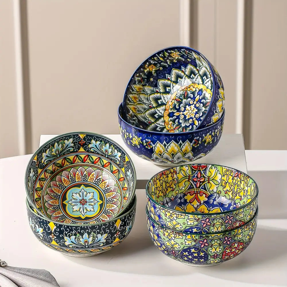 6-Piece Large Bohemia Style Porcelain Cereal Bowls Set - Multicolor Double-Sided Pattern Perfect for Salad & Dessert