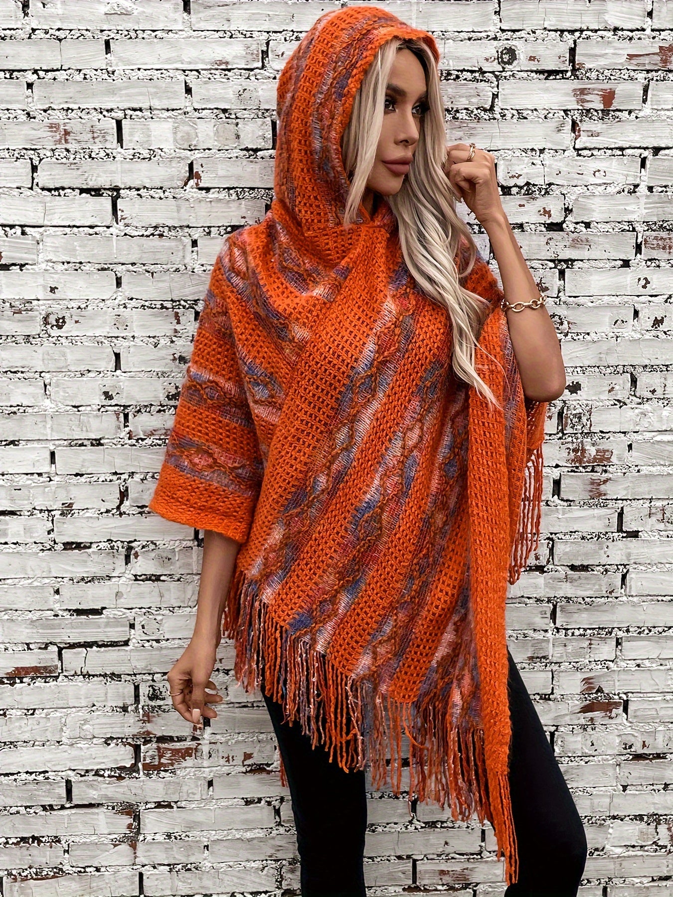 Long Sleeve Oversized Tribal Pattern Hoodie Poncho Cape - Tassel Fringe Hem, Soft Knit Fabric, Vintage Style for Fall & Winter