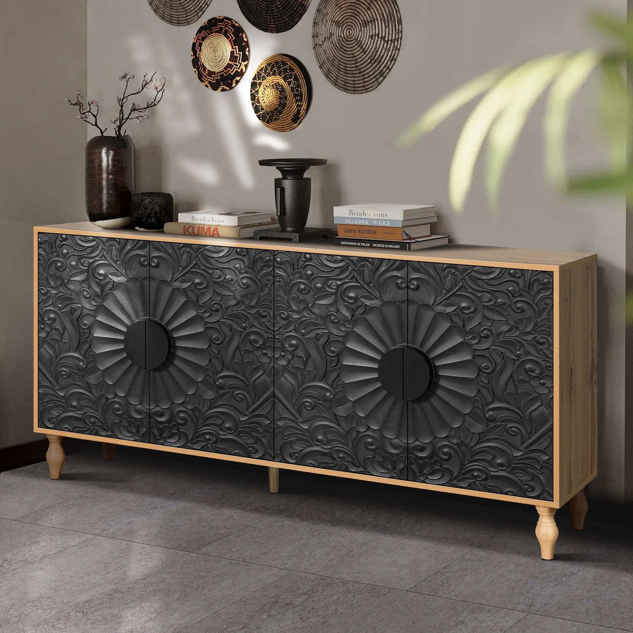 customized - 63 Inch Black Carved Symmetrical Design Door And Wood Coloured Frame - Boho Eco Boutique™ - customized - Boho Eco Boutique™ - Black + Brown -