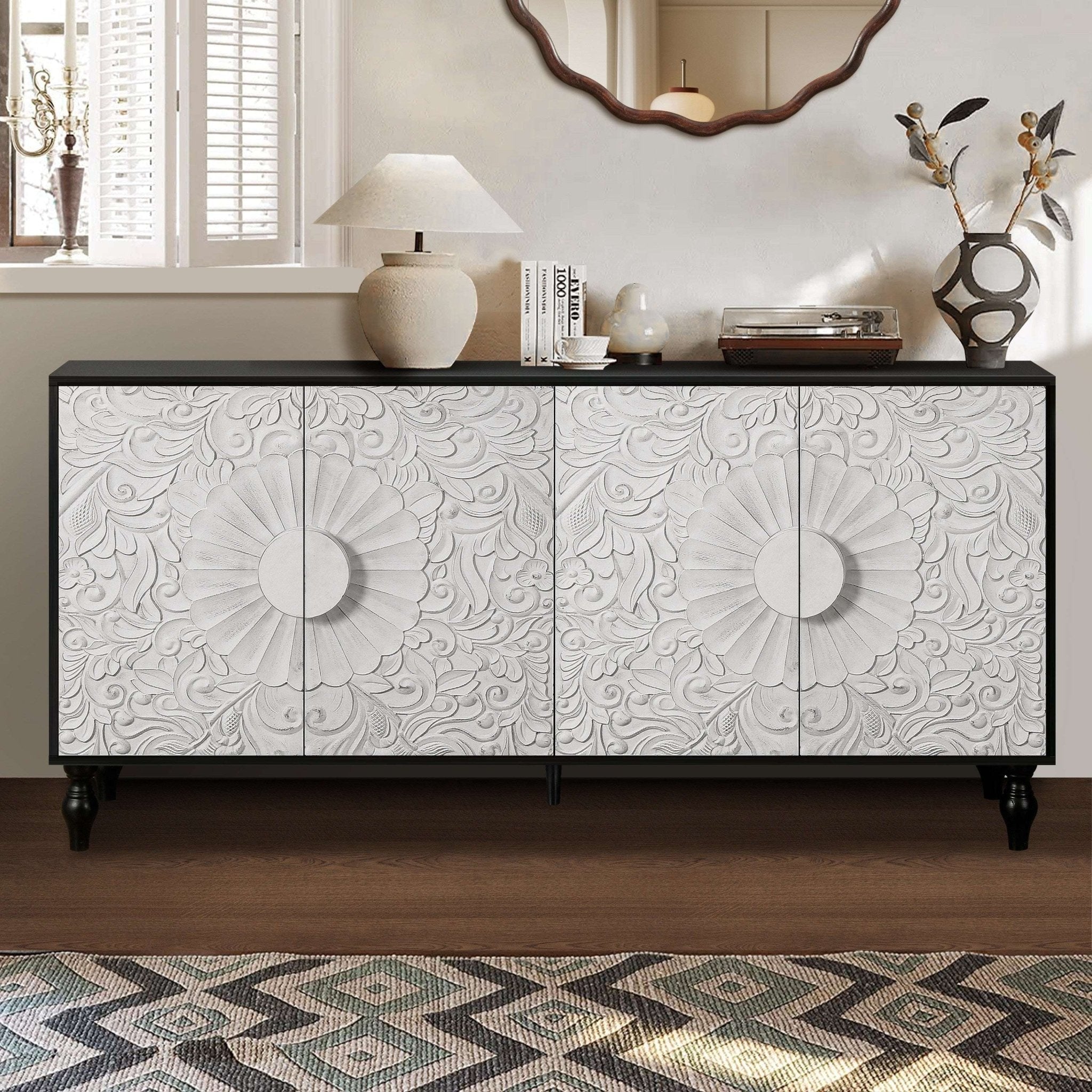 customized - 63 Inch White Carved Symmetrical Design Door And Wood Coloured Frame - Boho Eco Boutique™ - customized - Boho Eco Boutique™ - White + Black -