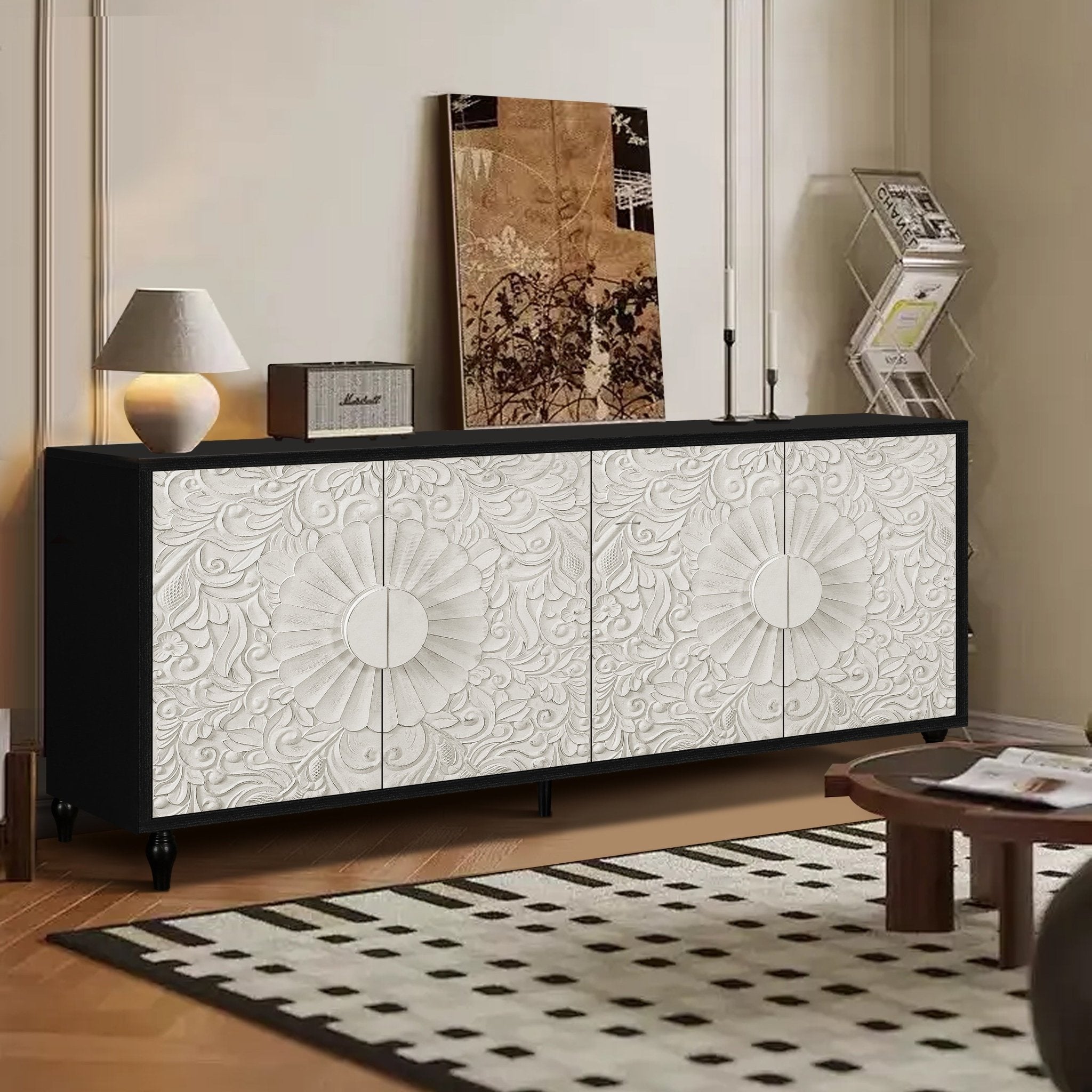 customized - 63 Inch White Carved Symmetrical Design Door And Wood Coloured Frame - Boho Eco Boutique™ - customized - Boho Eco Boutique™ - White + Black -