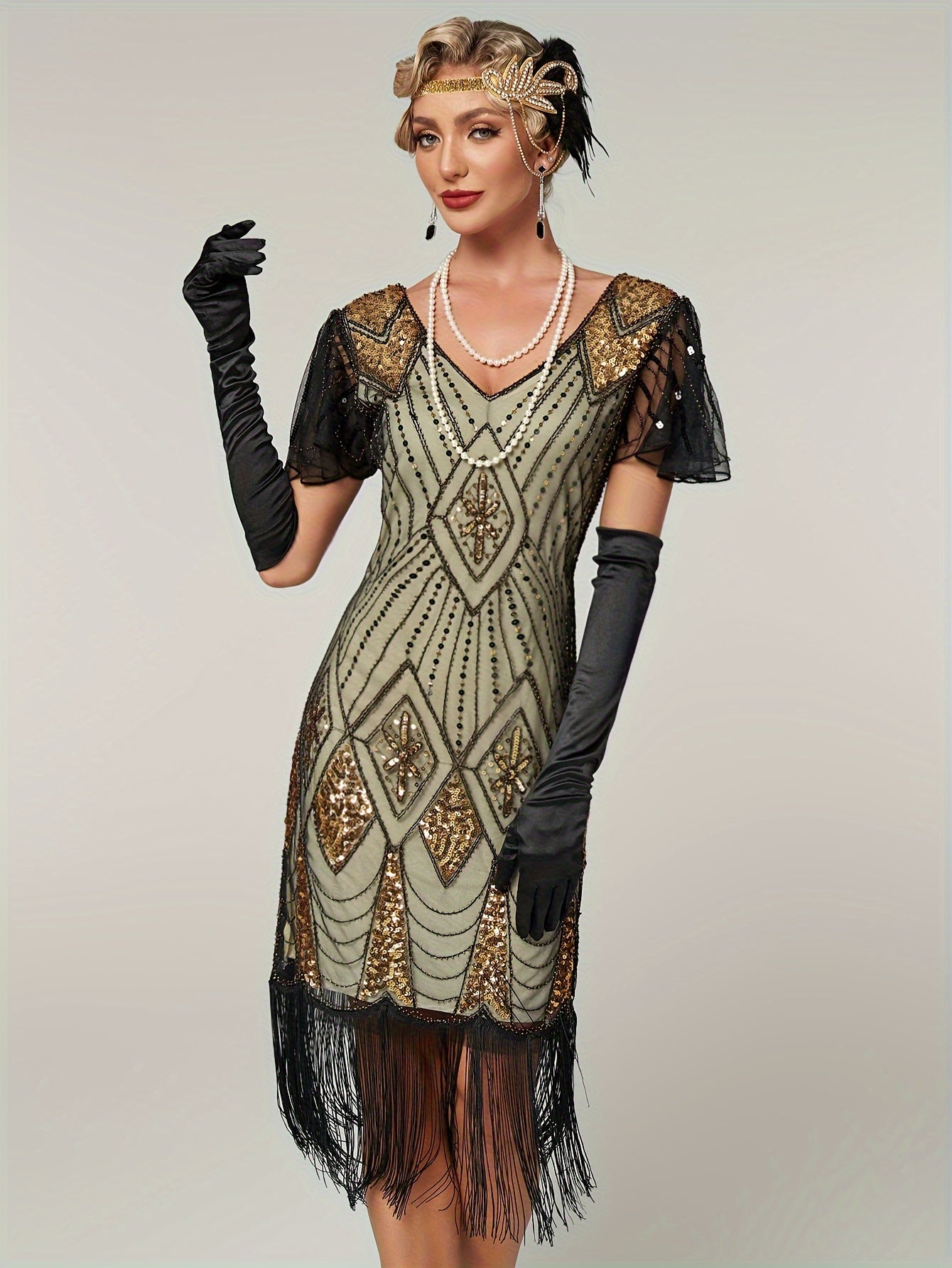 Sparkling Vintage Sequin V-Neck Midi Tunic Dress - Flapper-Inspired Comfort Fit with Fringe Hem, All-Season Women's Attire