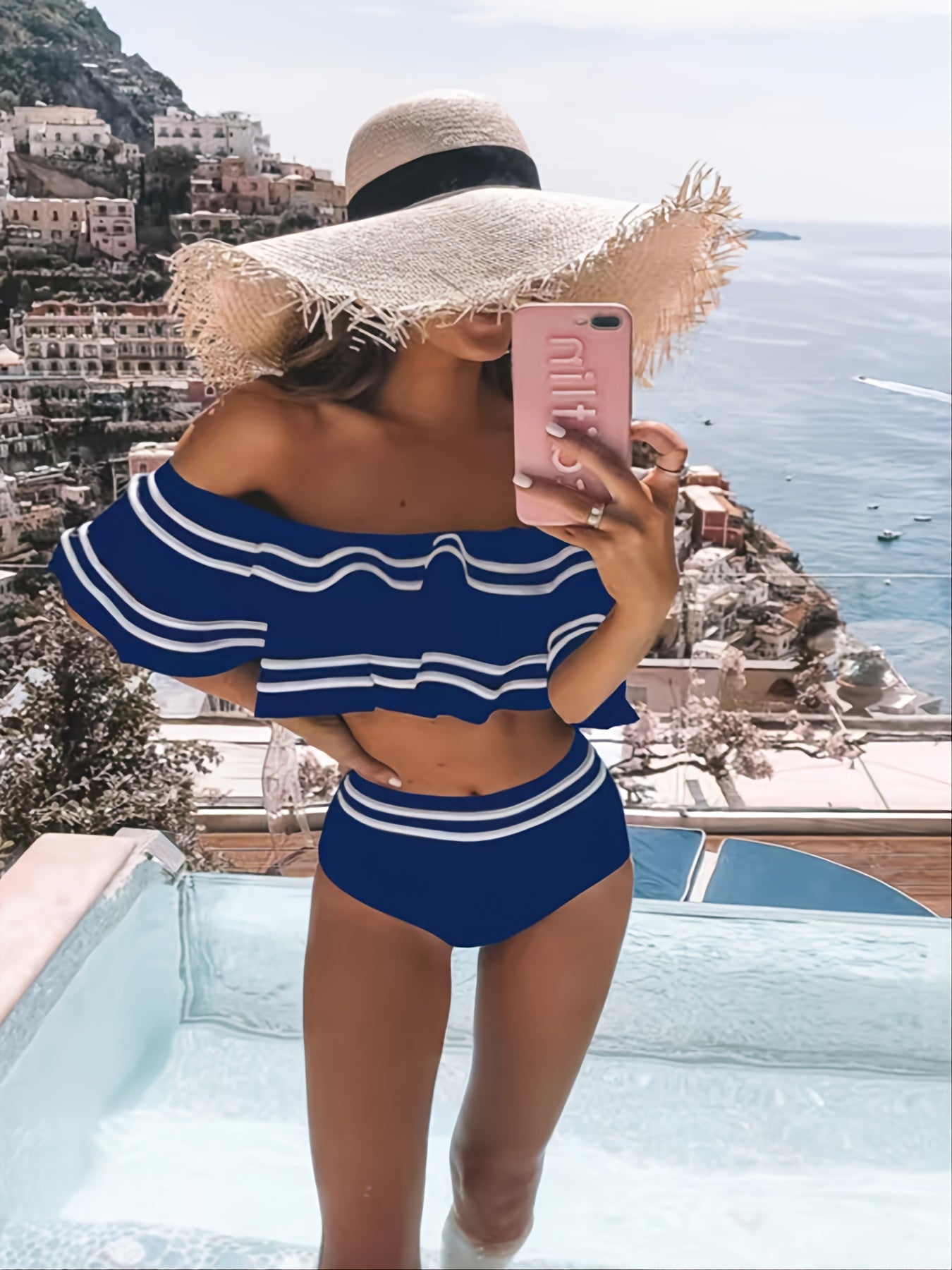 Two-Piece High-Waist Off-Shoulder Swimsuit - Tiered Ruffle Contrast Trim Women's Beachwear & Swimwear