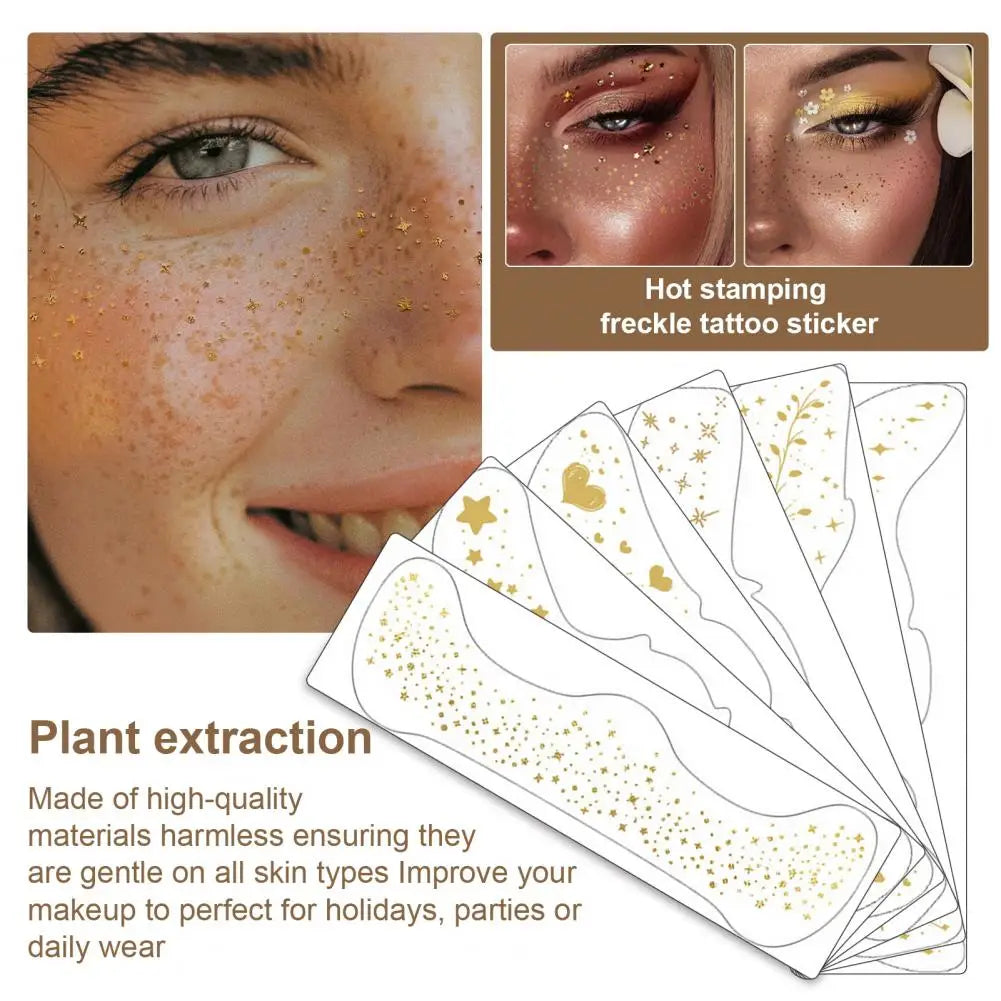 6Pcs Gold Glitter Freckles Face Tattoo Stickers Waterproof Artificial Freckle Patches Shimmering Makeup Speckles