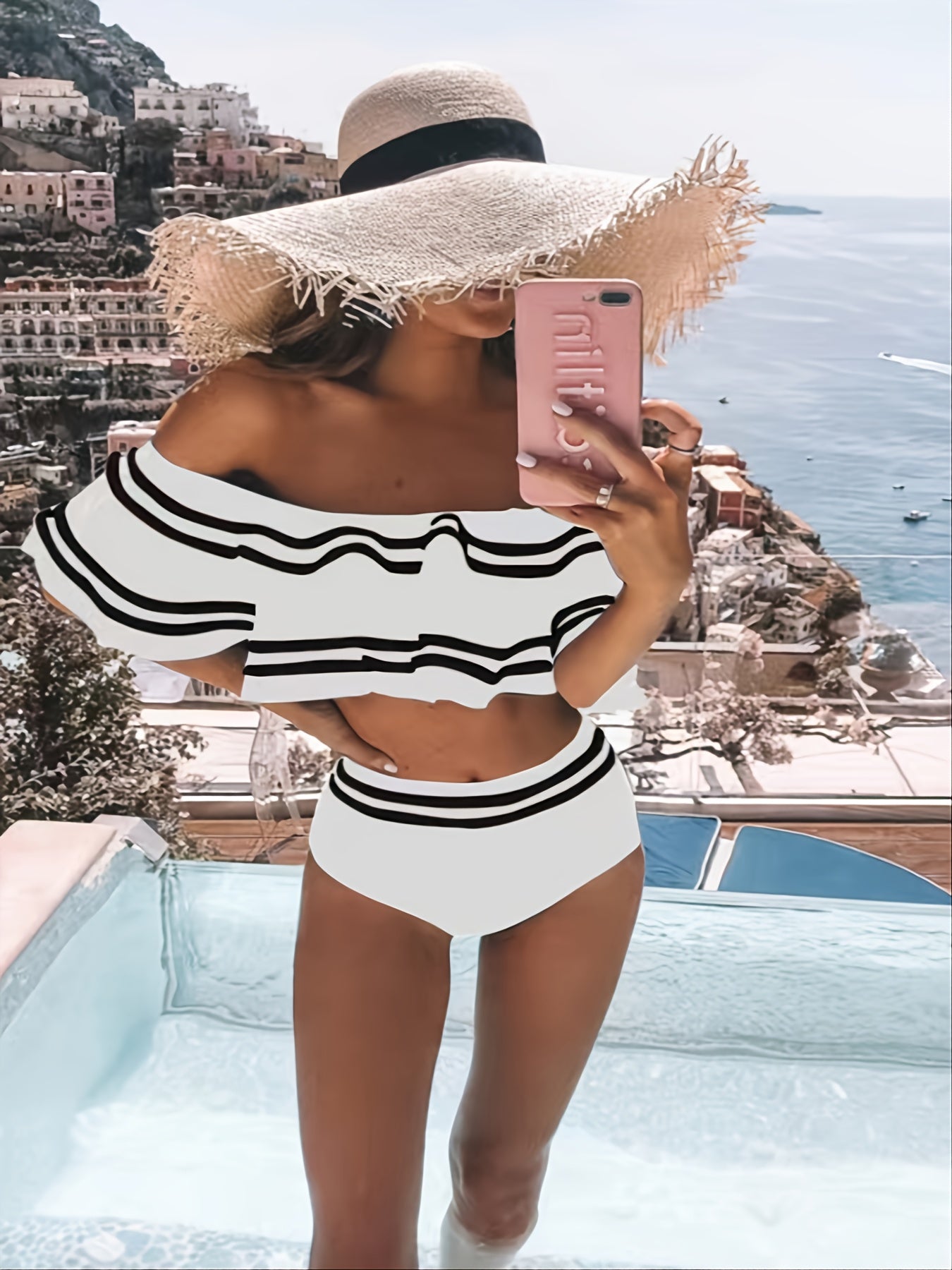 Two-Piece High-Waist Off-Shoulder Swimsuit - Tiered Ruffle Contrast Trim Women's Beachwear & Swimwear