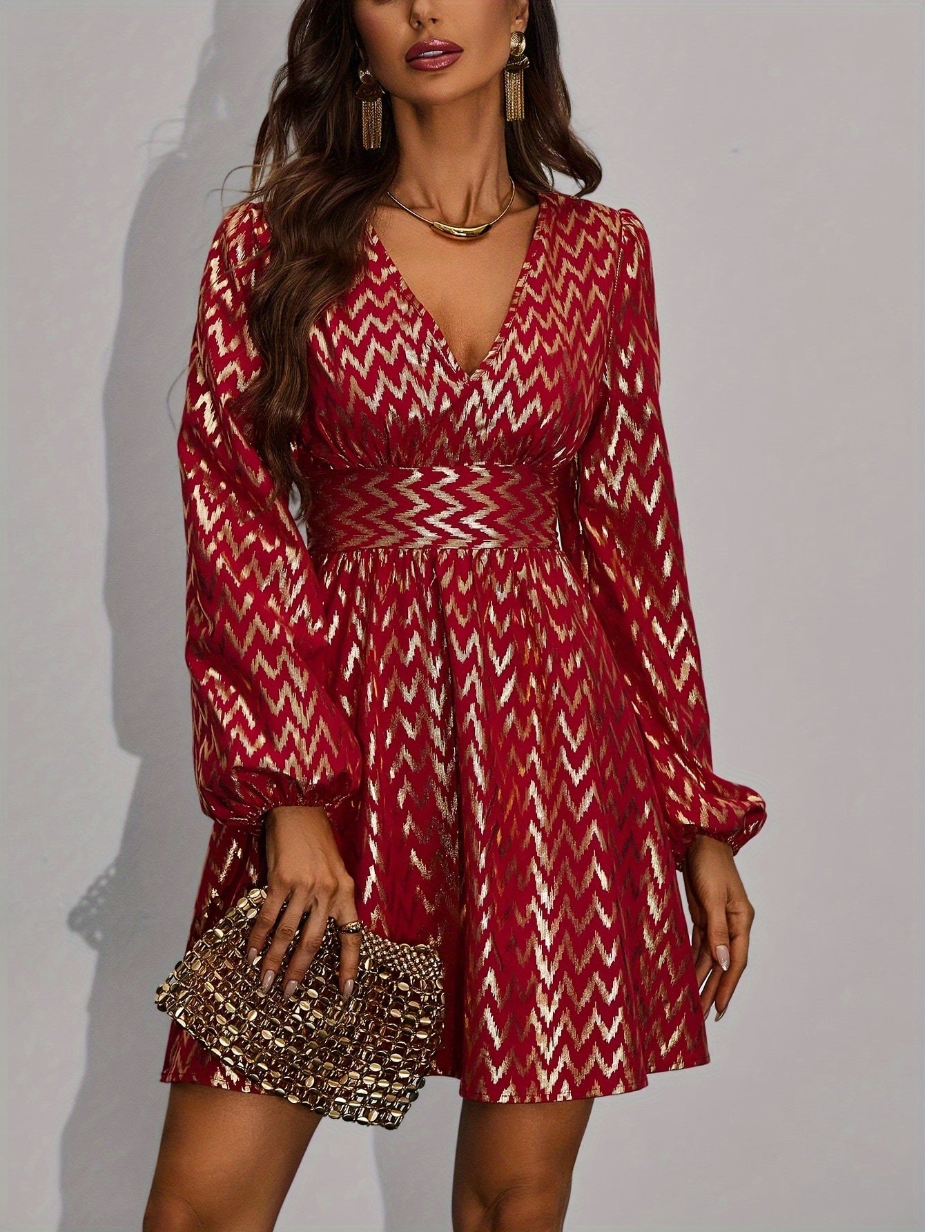 Elegant Chevron Pattern V-Neck A-Line Dress - Lantern Sleeve, Ruffle Hem - Women's Spring & Fall Fashion