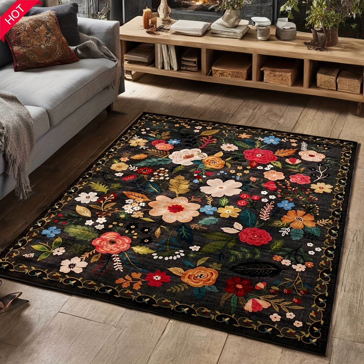 Boho Chic Vintage-Inspired Area Rug - Non-Slip Machine Washable Runner for Kitchen, Hallway, Living Room, and More - Soft Floral Design Carpet