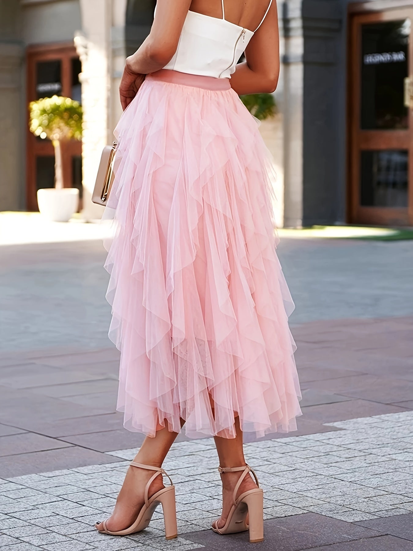 Women's Casual Elastic Waist Mesh Skirt - Solid Color Ruffle Decor with Asymmetric Hem