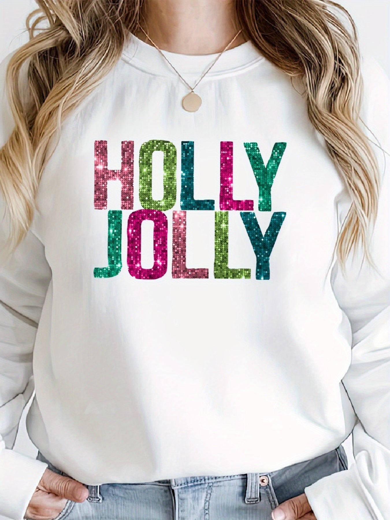 Holly Jolly Faux Sequins Glitter Christmas Pullover Sweater - Cozy Women's Classic Print Crew Neck Long Sleeve Sweater