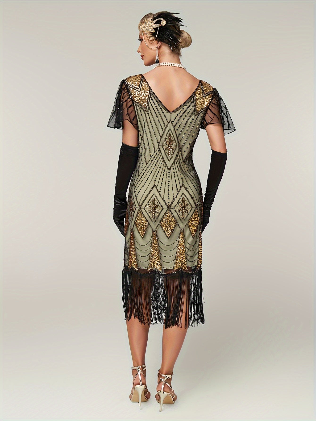 Sparkling Vintage Sequin V-Neck Midi Tunic Dress - Flapper-Inspired Comfort Fit with Fringe Hem, All-Season Women's Attire