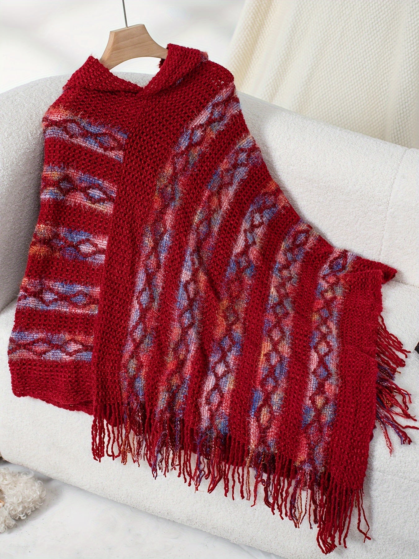 Long Sleeve Oversized Tribal Pattern Hoodie Poncho Cape - Tassel Fringe Hem, Soft Knit Fabric, Vintage Style for Fall & Winter