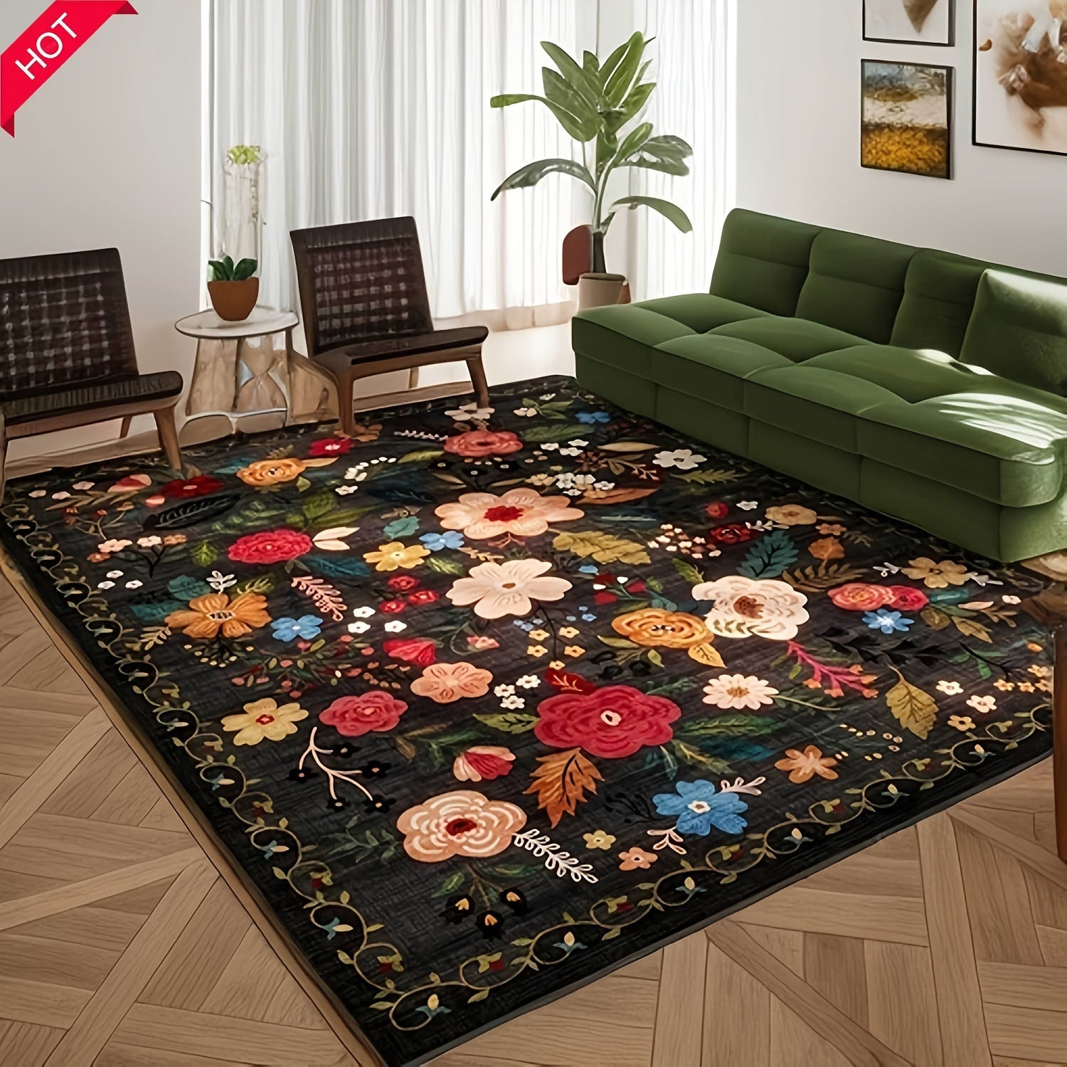 Boho Chic Vintage-Inspired Area Rug - Non-Slip Machine Washable Runner for Kitchen, Hallway, Living Room, and More - Soft Floral Design Carpet